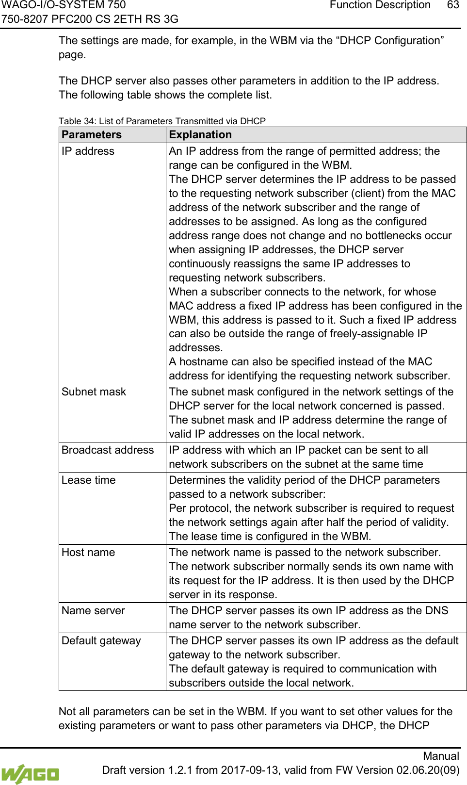 WAGO-I/O-SYSTEM 750 Function Description 63 750-8207 PFC200 CS 2ETH RS 3G      Manual  Draft version 1.2.1 from 2017-09-13, valid from FW Version 02.06.20(09) The settings are made, for example, in the WBM via the &ldquo;DHCP Configuration&rdquo; page. The DHCP server also passes other parameters in addition to the IP address. The following table shows the complete list. Table 34: List of Parameters Transmitted via DHCP Parameters Explanation IP address An IP address from the range of permitted address; the range can be configured in the WBM.  The DHCP server determines the IP address to be passed to the requesting network subscriber (client) from the MAC address of the network subscriber and the range of addresses to be assigned. As long as the configured address range does not change and no bottlenecks occur when assigning IP addresses, the DHCP server continuously reassigns the same IP addresses to requesting network subscribers.  When a subscriber connects to the network, for whose MAC address a fixed IP address has been configured in the WBM, this address is passed to it. Such a fixed IP address can also be outside the range of freely-assignable IP addresses.  A hostname can also be specified instead of the MAC address for identifying the requesting network subscriber. Subnet mask The subnet mask configured in the network settings of the DHCP server for the local network concerned is passed.  The subnet mask and IP address determine the range of valid IP addresses on the local network. Broadcast address IP address with which an IP packet can be sent to all network subscribers on the subnet at the same time Lease time Determines the validity period of the DHCP parameters passed to a network subscriber: Per protocol, the network subscriber is required to request the network settings again after half the period of validity. The lease time is configured in the WBM. Host name The network name is passed to the network subscriber.  The network subscriber normally sends its own name with its request for the IP address. It is then used by the DHCP server in its response. Name server The DHCP server passes its own IP address as the DNS name server to the network subscriber. Default gateway The DHCP server passes its own IP address as the default gateway to the network subscriber.  The default gateway is required to communication with subscribers outside the local network.  Not all parameters can be set in the WBM. If you want to set other values for the existing parameters or want to pass other parameters via DHCP, the DHCP 