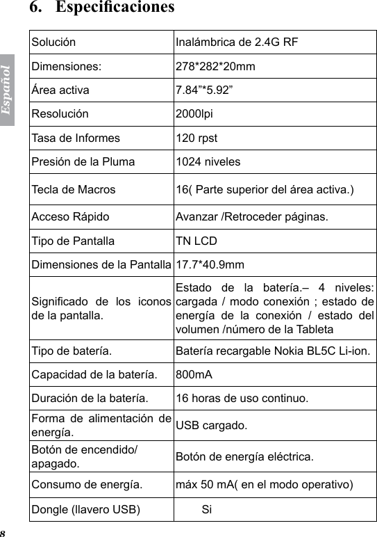 Espa&ntilde;ol86.   Especicaciones  Soluci&oacute;n  Inal&aacute;mbrica de 2.4G RF Dimensiones:  278*282*20mm&Aacute;rea activa  7.84&rdquo;*5.92&rdquo; Resoluci&oacute;n  2000lpi Tasa de Informes  120 rpst Presi&oacute;n de la Pluma  1024 niveles Tecla de Macros  16( Parte superior del &aacute;rea activa.)Acceso R&aacute;pido Avanzar /Retroceder p&aacute;ginas.Tipo de Pantalla  TN LCD  Dimensiones de la Pantalla 17.7*40.9mm  Signicado  de  los  iconos de la pantalla.Estado  de  la  bater&iacute;a.&ndash;  4  niveles: cargada /  modo conexi&oacute;n ; estado de energ&iacute;a  de  la  conexi&oacute;n  /  estado  del volumen /n&uacute;mero de la Tableta Tipo de bater&iacute;a.  Bater&iacute;a recargable Nokia BL5C Li-ion.  Capacidad de la bater&iacute;a.  800mA Duraci&oacute;n de la bater&iacute;a.  16 horas de uso continuo. Forma  de  alimentaci&oacute;n  de energ&iacute;a.  USB cargado. Bot&oacute;n de encendido/apagado.  Bot&oacute;n de energ&iacute;a el&eacute;ctrica. Consumo de energ&iacute;a. m&aacute;x 50 mA( en el modo operativo)Dongle (llavero USB)  Si