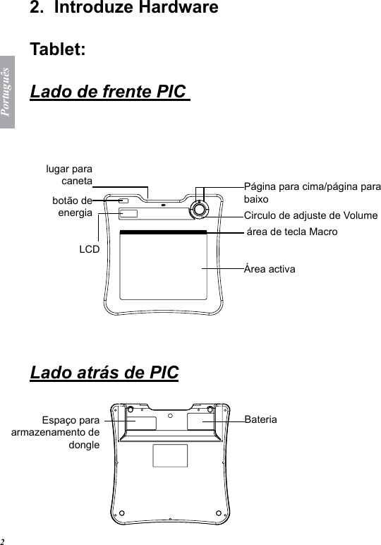 Portugu&ecirc;s22.  Introduze HardwareTablet:  Lado de frente PIC   lugar para canetabot&atilde;o de energiaLCDCirculo de adjuste de Volume&Aacute;rea activa &aacute;rea de tecla MacroP&aacute;gina para cima/p&aacute;gina para baixo   Lado atr&aacute;s de PIC  Espa&ccedil;o para armazenamento de dongle Bateria