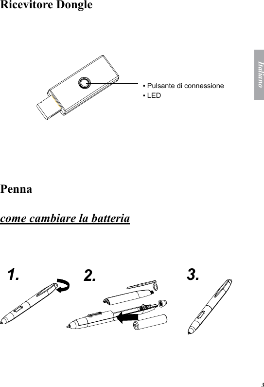 3ItalianoRicevitore Dongle  ▪ Pulsante di connessione▪ LED   Penna  come cambiare la batteria    1. 2. 3.   