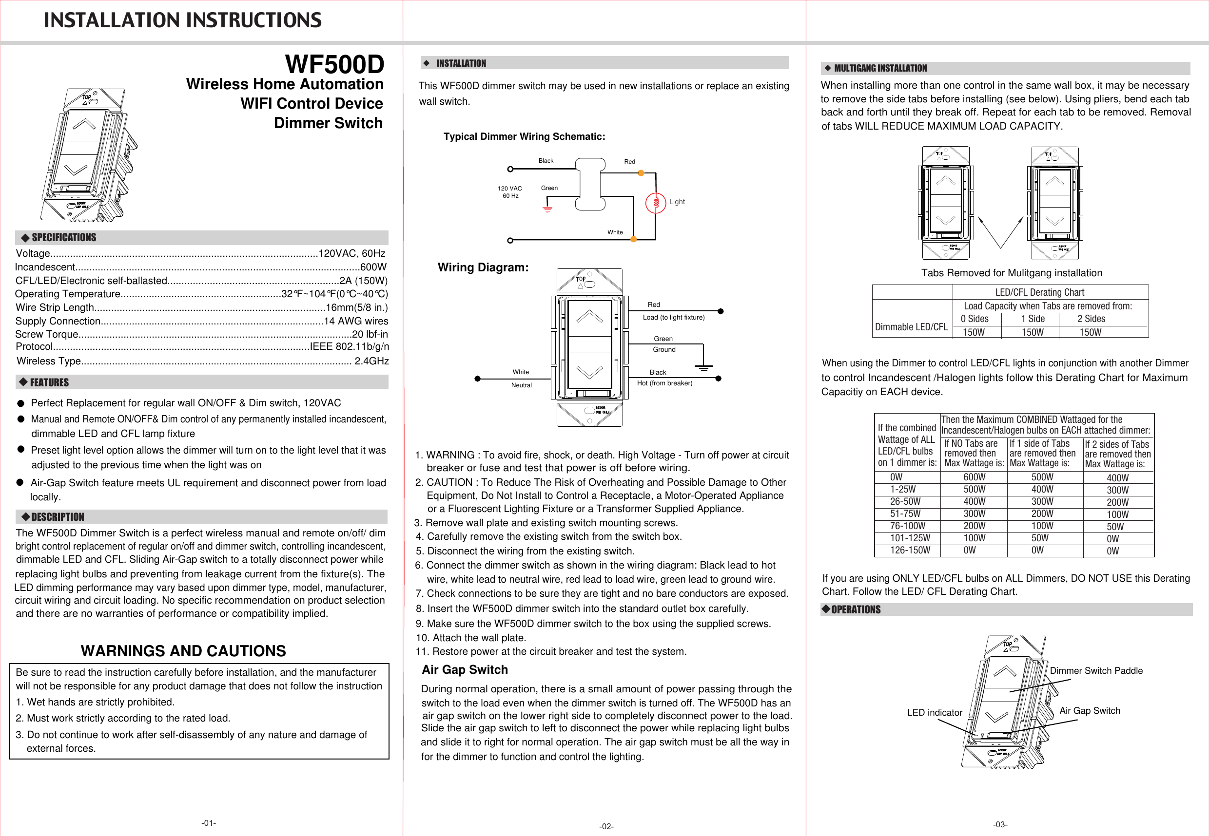 WIFI Control DeviceINSTALLATION INSTRUCTIONS -03--01-  DESCRIPTIONFEATURES WF500DVoltage...............................................................................................120VAC, 60HzIncandescent.....................................................................................................600WOperating Temperature.........................................................32°F~104°F(0°C~40°C)SPECIFICATIONS-02-Wireless Home Automation  Perfect Replacement for regular wall ON/OFF &amp; Dim switch, 120VACManual and Remote ON/OFF&amp; Dim control of any permanently installed incandescent, dimmable LED and CFL lamp fixturePreset light level option allows the dimmer will turn on to the light level that it wasadjusted to the previous time when the light was onThe WF500D Dimmer Switch is a perfect wireless manual and remote on/off/ dimbright control replacement of regular on/off and dimmer switch, controlling incandescent, dimmable LED and CFL. Sliding Air-Gap switch to a totally disconnect power while1. WARNING : To avoid fire, shock, or death. High Voltage - Turn off power at circuitbreaker or fuse and test that power is off before wiring.3. Remove wall plate and existing switch mounting screws.4. Carefully remove the existing switch from the switch box. 5. Disconnect the wiring from the existing switch.6. Connect the dimmer switch as shown in the wiring diagram: Black lead to hotwire, white lead to neutral wire, red lead to load wire, green lead to ground wire.7. Check connections to be sure they are tight and no bare conductors are exposed.8. Insert the WF500D dimmer switch into the standard outlet box carefully.9. Make sure the WF500D dimmer switch to the box using the supplied screws.10. Attach the wall plate.11. Restore power at the circuit breaker and test the system.circuit wiring and circuit loading. No specific recommendation on product selection and there are no warranties of performance or compatibility implied.Supply Connection...............................................................................14 AWG wiresWire Strip Length..................................................................................16mm(5/8 in.)Screw Torque.................................................................................................20 lbf-inLED dimming performance may vary based upon dimmer type, model, manufacturer,Air Gap SwitchDuring normal operation, there is a small amount of power passing through the switch to the load even when the dimmer switch is turned off. The WF500D has an air gap switch on the lower right side to completely disconnect power to the load.for the dimmer to function and control the lighting.Slide the air gap switch to left to disconnect the power while replacing light bulbsand slide it to right for normal operation. The air gap switch must be all the way in Air-Gap Switch feature meets UL requirement and disconnect power from loadlocally.replacing light bulbs and preventing from leakage current from the fixture(s). TheWiring Diagram:GroundGreenRedLoad (to light fixture)BlackHot (from breaker)WhiteNeutralWARNINGS AND CAUTIONSINSTALLATIONThis WF500D dimmer switch may be used in new installations or replace an existingwall switch.LightTypical Dimmer Wiring Schematic:RedBlackGreenWhite120 VAC60 Hz     MULTIGANG INSTALLATION   When installing more than one control in the same wall box, it may be necessary to remove the side tabs before installing (see below). Using pliers, bend each tab back and forth until they break off. Repeat for each tab to be removed. Removalof tabs WILL REDUCE MAXIMUM LOAD CAPACITY.  Tabs Removed for Mulitgang installationDimmable LED/CFLLoad Capacity when Tabs are removed from: 0 Sides 1 Side 2 Sides150W 150W150WLED/CFL Derating ChartWhen using the Dimmer to control LED/CFL lights in conjunction with another Dimmerto control Incandescent /Halogen lights follow this Derating Chart for Maximum Capacitiy on EACH device. Then the Maximum COMBINED Wattaged for theIncandescent/Halogen bulbs on EACH attached dimmer: If NO Tabs areremoved then Max Wattage is: If 1 side of Tabs are removed then Max Wattage is: If 2 sides of Tabs are removed then Max Wattage is:  0W1-25W26-50W51-75W76-100W101-125W126-150W600W500W400W300W200W100W0W500W400W300W200W100W50W0W400W300W200W100W50W0W0W If the combinedWattage of ALL LED/CFL bulbs on 1 dimmer is: If you are using ONLY LED/CFL bulbs on ALL Dimmers, DO NOT USE this DeratingChart. Follow the LED/ CFL Derating Chart. CFL/LED/Electronic self-ballasted.............................................................2A (150W)Protocol...........................................................................................IEEE 802.11b/g/nWireless Type................................................................................................ 2.4GHzBe sure to read the instruction carefully before installation, and the manufacturer will not be responsible for any product damage that does not follow the instruction1. Wet hands are strictly prohibited.2. Must work strictly according to the rated load.3. Do not continue to work after self-disassembly of any nature and damage of external forces.LED indicatorDimmer Switch PaddleAir Gap Switch  OPERATIONSDimmer Switch 2. CAUTION : To Reduce The Risk of Overheating and Possible Damage to Other Equipment, Do Not Install to Control a Receptacle, a Motor-Operated Appliance or a Fluorescent Lighting Fixture or a Transformer Supplied Appliance.