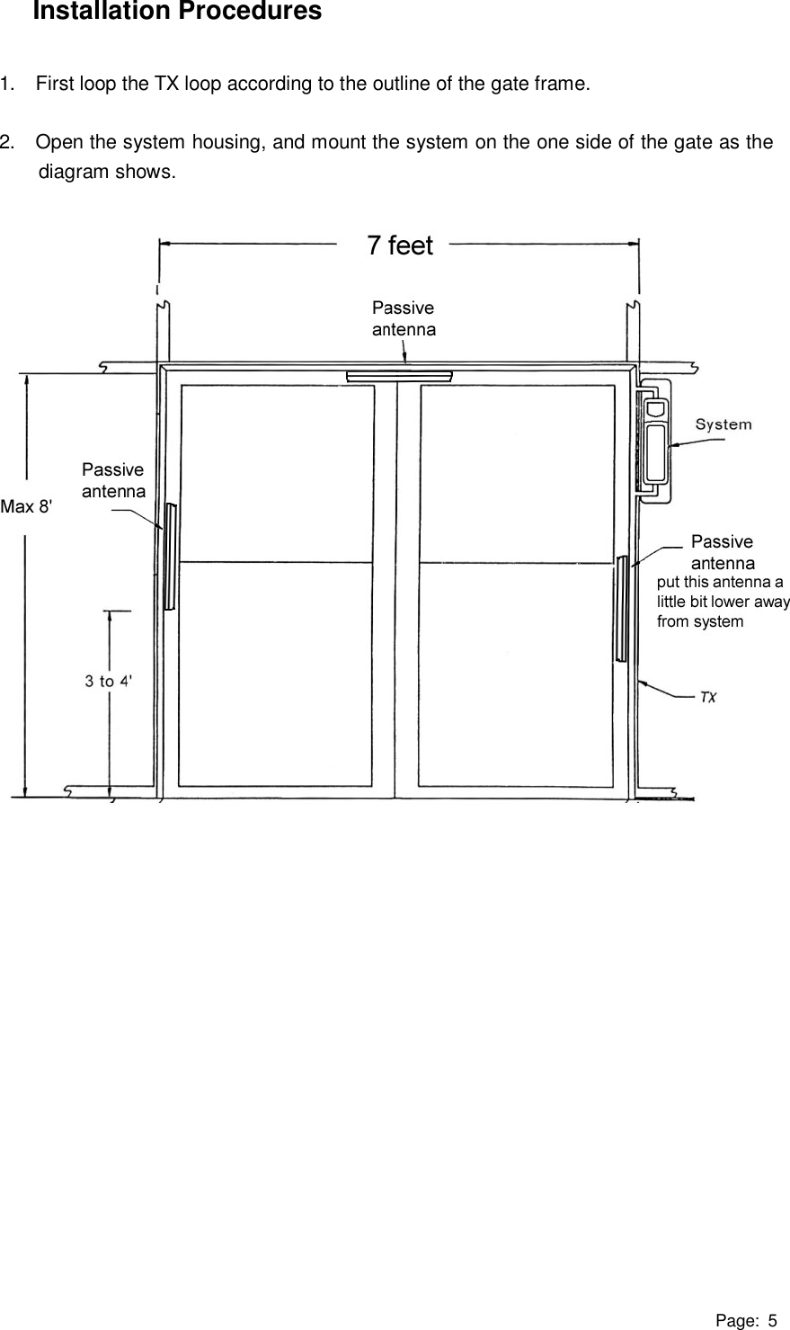 Page: 5 Installation Procedures  1.  First loop the TX loop according to the outline of the gate frame.  2.  Open the system housing, and mount the system on the one side of the gate as the diagram shows.               