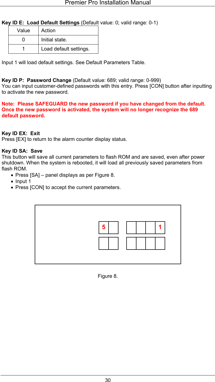 Premier Pro Installation Manual  30  Key ID E:  Load Default Settings (Default value: 0; valid range: 0-1) Value Action 0 Initial state. 1  Load default settings.  Input 1 will load default settings. See Default Parameters Table.   Key ID P:  Password Change (Default value: 689; valid range: 0-999) You can input customer-defined passwords with this entry. Press [CON] button after inputting to activate the new password.  Note:  Please SAFEGUARD the new password if you have changed from the default. Once the new password is activated, the system will no longer recognize the 689 default password.   Key ID EX:  Exit Press [EX] to return to the alarm counter display status.  Key ID SA:  Save This button will save all current parameters to flash ROM and are saved, even after power shutdown. When the system is rebooted, it will load all previously saved parameters from flash ROM. &bull;  Press [SA] &ndash; panel displays as per Figure 8. &bull;  Input 1 &bull;  Press [CON] to accept the current parameters.               Figure 8.              5      1 