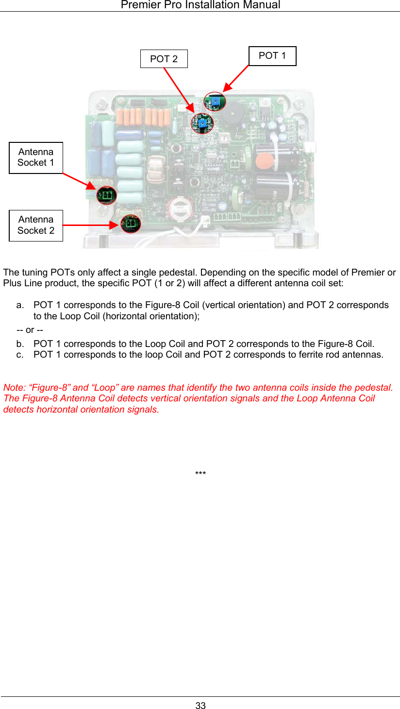 Premier Pro Installation Manual  33                       The tuning POTs only affect a single pedestal. Depending on the specific model of Premier or Plus Line product, the specific POT (1 or 2) will affect a different antenna coil set:  a.  POT 1 corresponds to the Figure-8 Coil (vertical orientation) and POT 2 corresponds to the Loop Coil (horizontal orientation); -- or -- b.  POT 1 corresponds to the Loop Coil and POT 2 corresponds to the Figure-8 Coil. c.  POT 1 corresponds to the loop Coil and POT 2 corresponds to ferrite rod antennas.   Note: &ldquo;Figure-8&rdquo; and &ldquo;Loop&rdquo; are names that identify the two antenna coils inside the pedestal. The Figure-8 Antenna Coil detects vertical orientation signals and the Loop Antenna Coil detects horizontal orientation signals.      ***                   POT 1POT 2Antenna Socket 1 Antenna Socket 2 