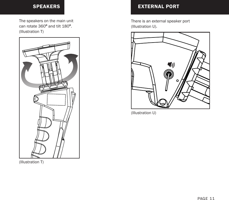 SPEAKERSThe speakers on the main unit can rotate 360º and tilt 180º. (Illustration T)(Illustration T)EXTERNAL PORTThere is an external speaker port (Illustration U).(Illustration U)PAGE 11