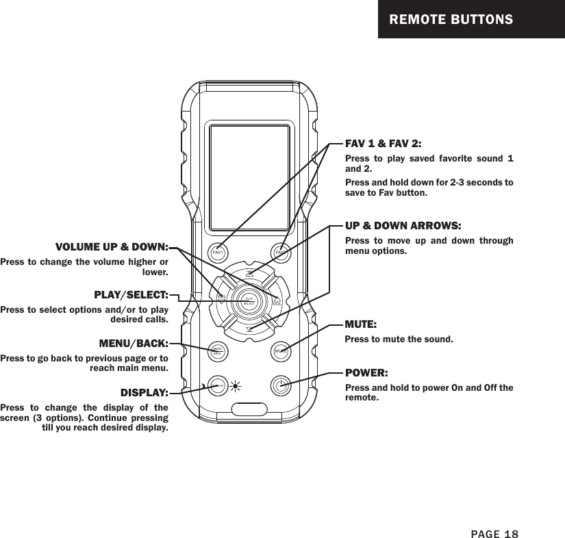 REMOTE BUTTONSFAV1 FAV2MUTEMENUBACKDISPLAYPLAYSELECT VOLVOLFAV 1 &amp; FAV 2:Press to play saved favorite sound 1 and 2.Press and hold down for 2-3 seconds to save to Fav button.UP &amp; DOWN ARROWS:Press to move up and down through menu options.VOLUME UP &amp; DOWN:Press to change the volume higher or lower.PLAY/SELECT:Press to select options and/or to play desired calls. MUTE:Press to mute the sound.MENU/BACK:Press to go back to previous page or to reach main menu.DISPLAY:Press to change the display of the screen (3 options). Continue pressing till you reach desired display.POWER:Press and hold to power On and Off the remote.PAGE 18
