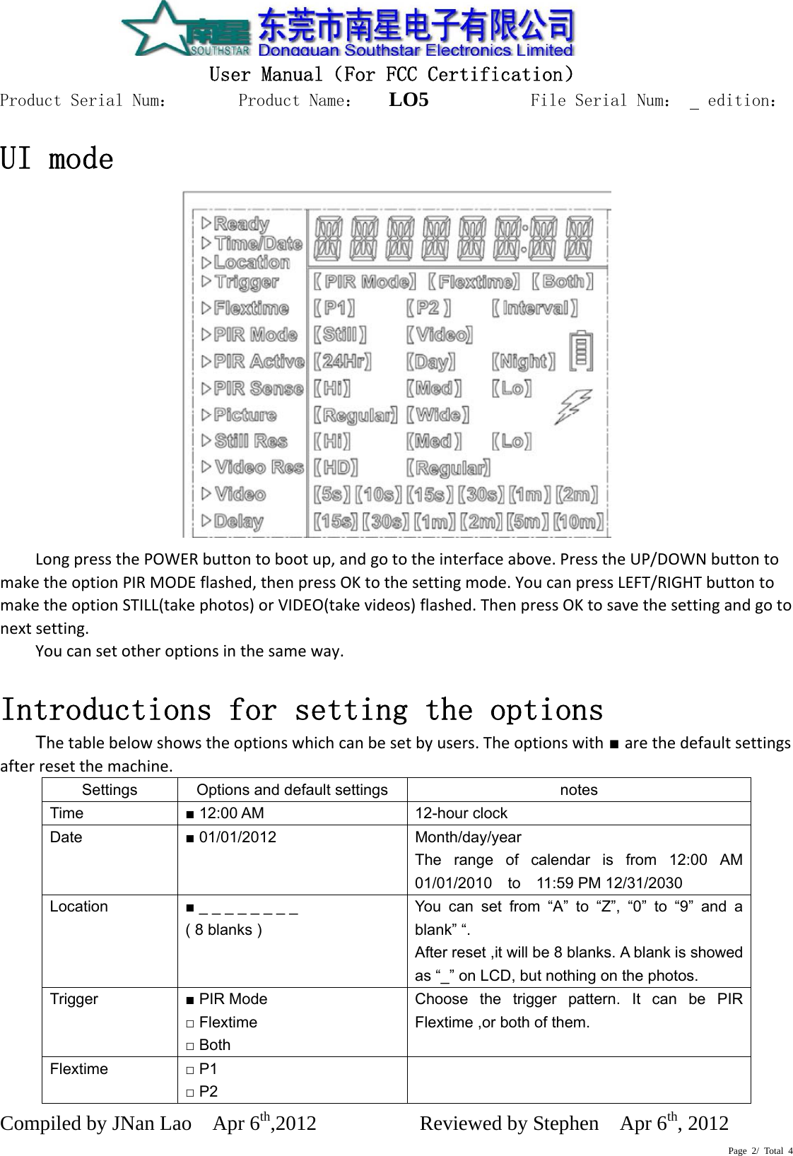   User Manual（For FCC Certification） Product Serial Num：       Product Name：   LO5          File Serial Num：   edition： Compiled by JNan Lao    Apr 6th,2012          Reviewed by Stephen    Apr 6th, 2012  Page 2/ Total 4  UI mode  LongpressthePOWERbuttontobootup,andgototheinterfaceabove.PresstheUP/DOWNbuttontomaketheoptionPIRMODEflashed,thenpressOKtothesettingmode.YoucanpressLEFT/RIGHTbuttontomaketheoptionSTILL(takephotos)orVIDEO(takevideos)flashed.ThenpressOKtosavethesettingandgotonextsetting.Youcansetotheroptionsinthesameway.Introductions for setting the options Thetablebelowshowstheoptionswhichcanbesetbyusers.Theoptionswith ■ arethedefaultsettingsafterresetthemachine. Settings  Options and default settings  notes Time  ■ 12:00 AM  12-hour clock Date  ■ 01/01/2012  Month/day/year The range of calendar is from 12:00 AM 01/01/2010  to  11:59 PM 12/31/2030 Location  ■ _ _ _ _ _ _ _ _     ( 8 blanks ) You can set from “A” to “Z”, “0” to “9” and a blank” “. After reset ,it will be 8 blanks. A blank is showed as “_” on LCD, but nothing on the photos. Trigger  ■ PIR Mode □ Flextime □ Both Choose the trigger pattern. It can be PIR Flextime ,or both of them.    Flextime  □ P1 □ P2  