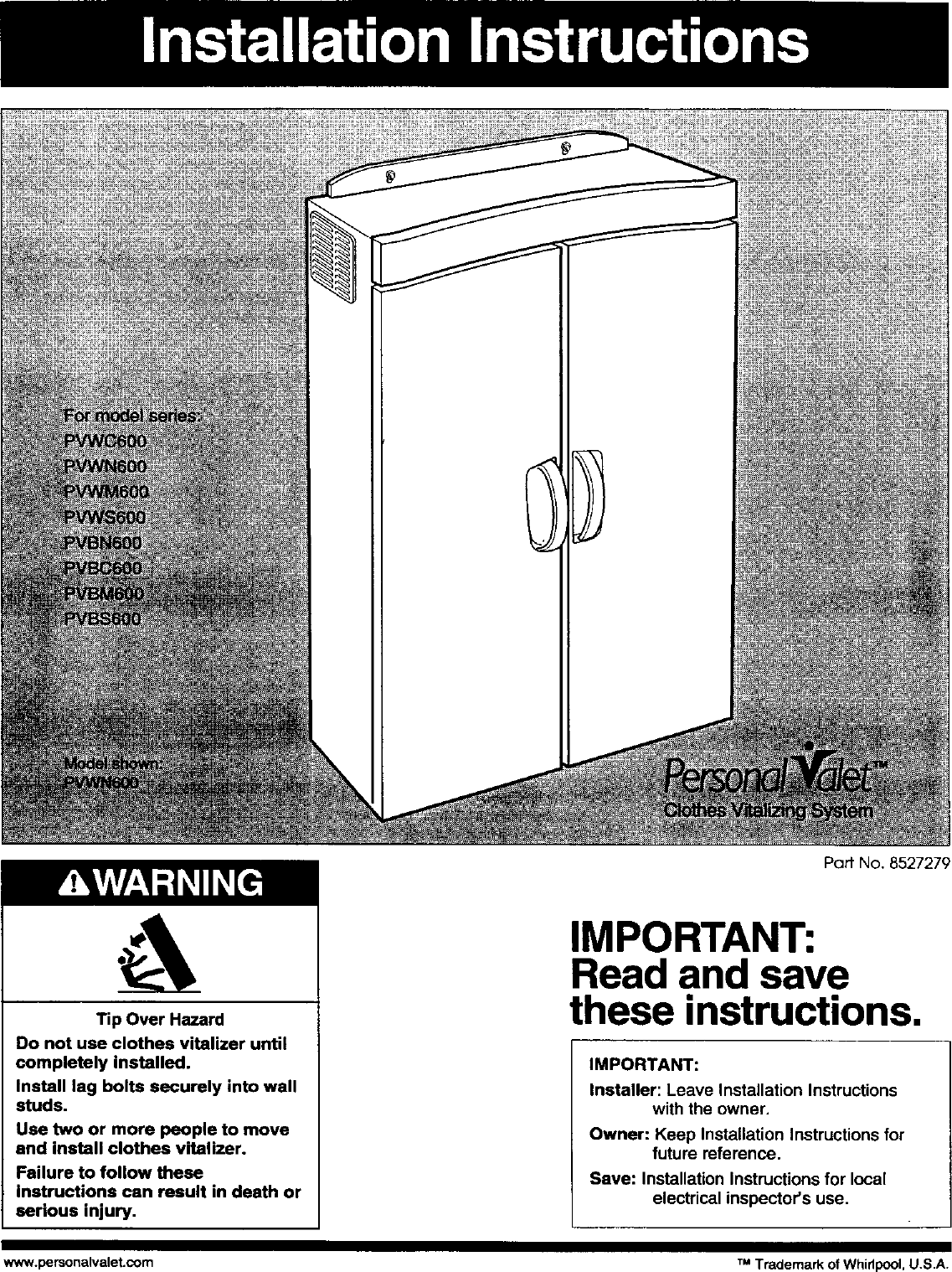 Page 1 of 4 - WHIRLPOOL Personal Valet Manual L0204148