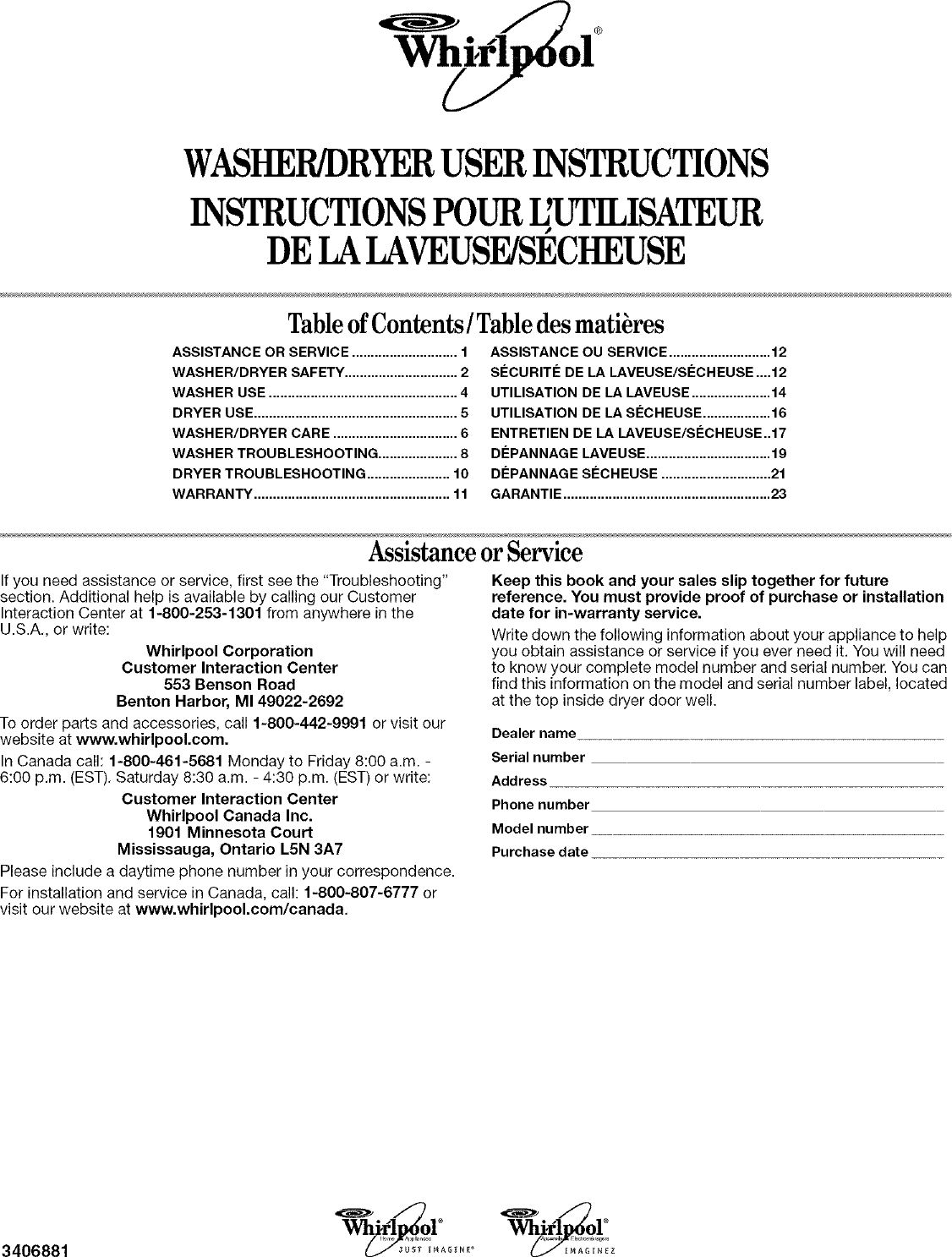 WHIRLPOOL Laundry Centers Manual L0412417