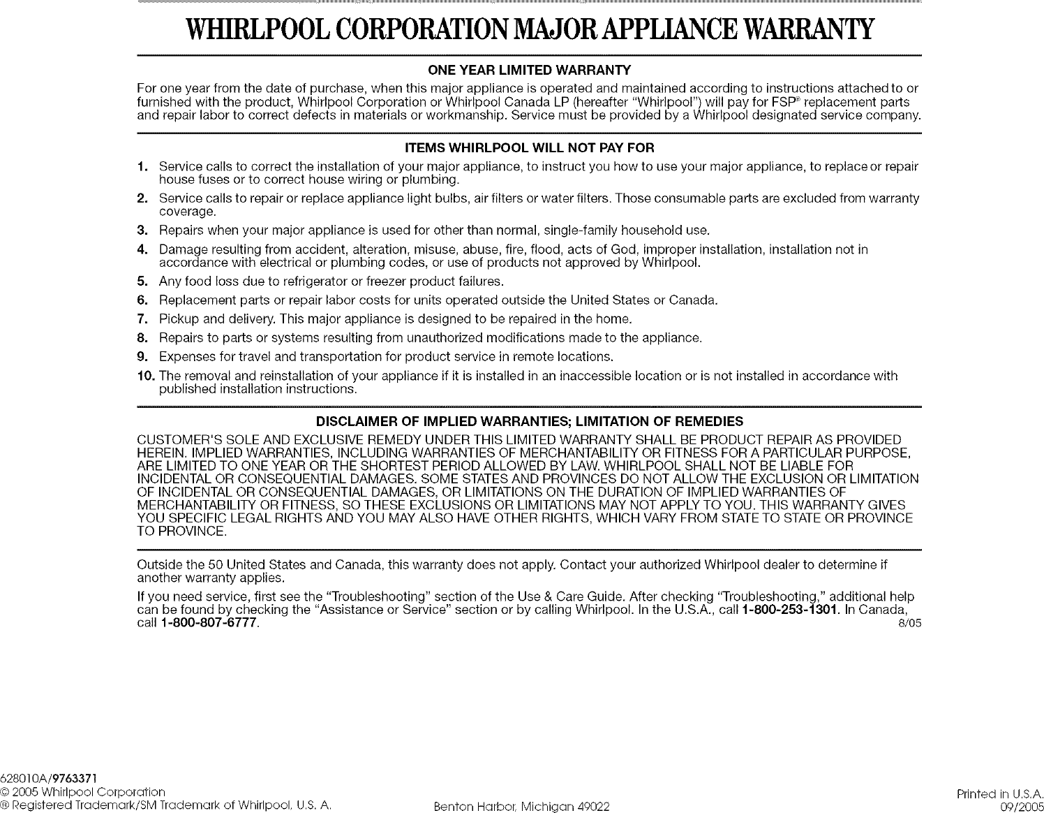 WHIRLPOOL Range Hood Manual L0604813