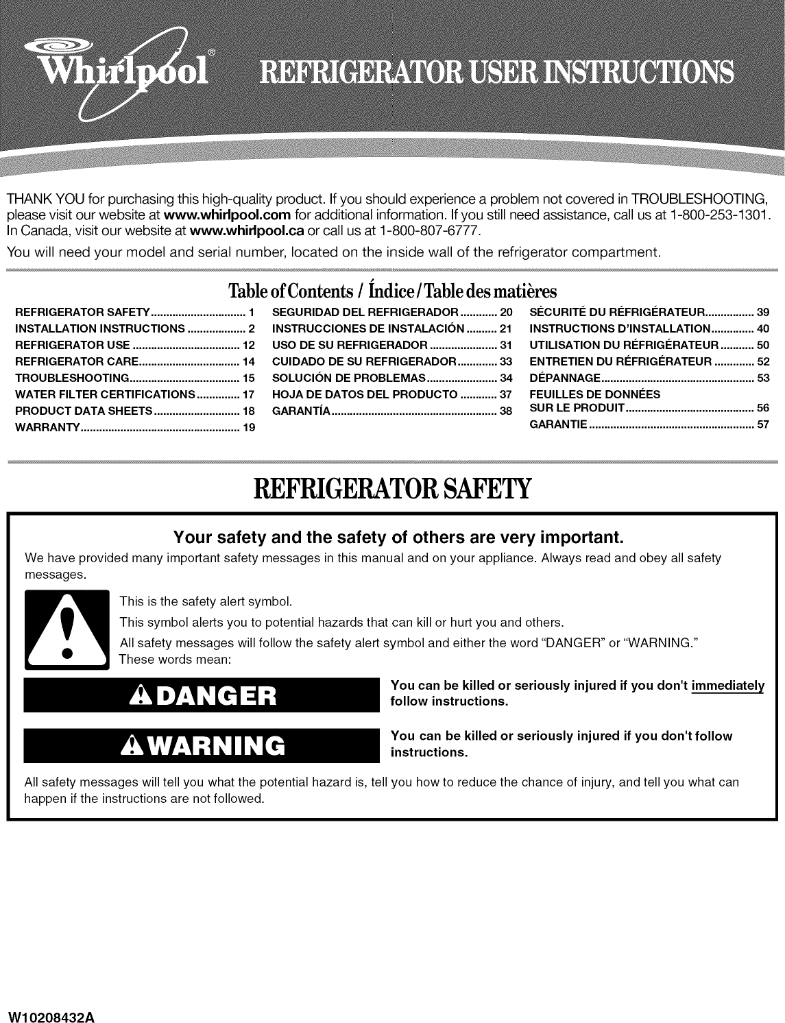 WHIRLPOOL Bottom Mount Refrigerator Manual L1003401