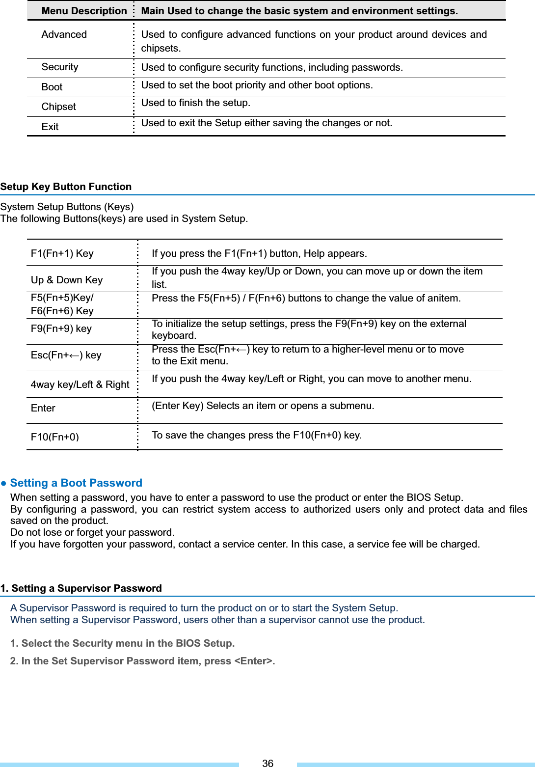 Menu Description Advanced Security BootChipset ExitMain Used to change the basic system and environment settings. Used to configure advanced functions on your product around devices and chipsets. Used to configure security functions, including passwords. Used to set the boot priority and other boot options. Used to finish the setup.   Used to exit the Setup either saving the changes or not.͑Setup Key Button Function System Setup Buttons (Keys)   The following Buttons(keys) are used in System Setup. F1(Fn+1) Key Up &amp; Down Key F5(Fn+5)Key/ F6(Fn+6) Key F9(Fn+9) key Esc(Fn+ĸ) key 4way key/Left &amp; Right EnterF10(Fn+0)If you press the F1(Fn+1) button, Help appears.   If you push the 4way key/Up or Down, you can move up or down the item list.Press the F5(Fn+5) / F(Fn+6) buttons to change the value of anitem. To initialize the setup settings, press the F9(Fn+9) key on the external keyboard. Press the Esc(Fn+ĸ) key to return to a higher-level menu or to move to the Exit menu. If you push the 4way key/Left or Right, you can move to another menu. (Enter Key) Selects an item or opens a submenu. To save the changes press the F10(Fn+0) key.͑Ɣ Setting a Boot Password When setting a password, you have to enter a password to use the product or enter the BIOS Setup. By configuring a password, you can restrict system access to authorized users only and protect data and files saved on the product. Do not lose or forget your password.   If you have forgotten your password, contact a service center. In this case, a service fee will be charged.͑1. Setting a Supervisor Password A Supervisor Password is required to turn the product on or to start the System Setup. When setting a Supervisor Password, users other than a supervisor cannot use the product. 1. Select the Security menu in the BIOS Setup. 2. In the Set Supervisor Password item, press &lt;Enter&gt;. 36