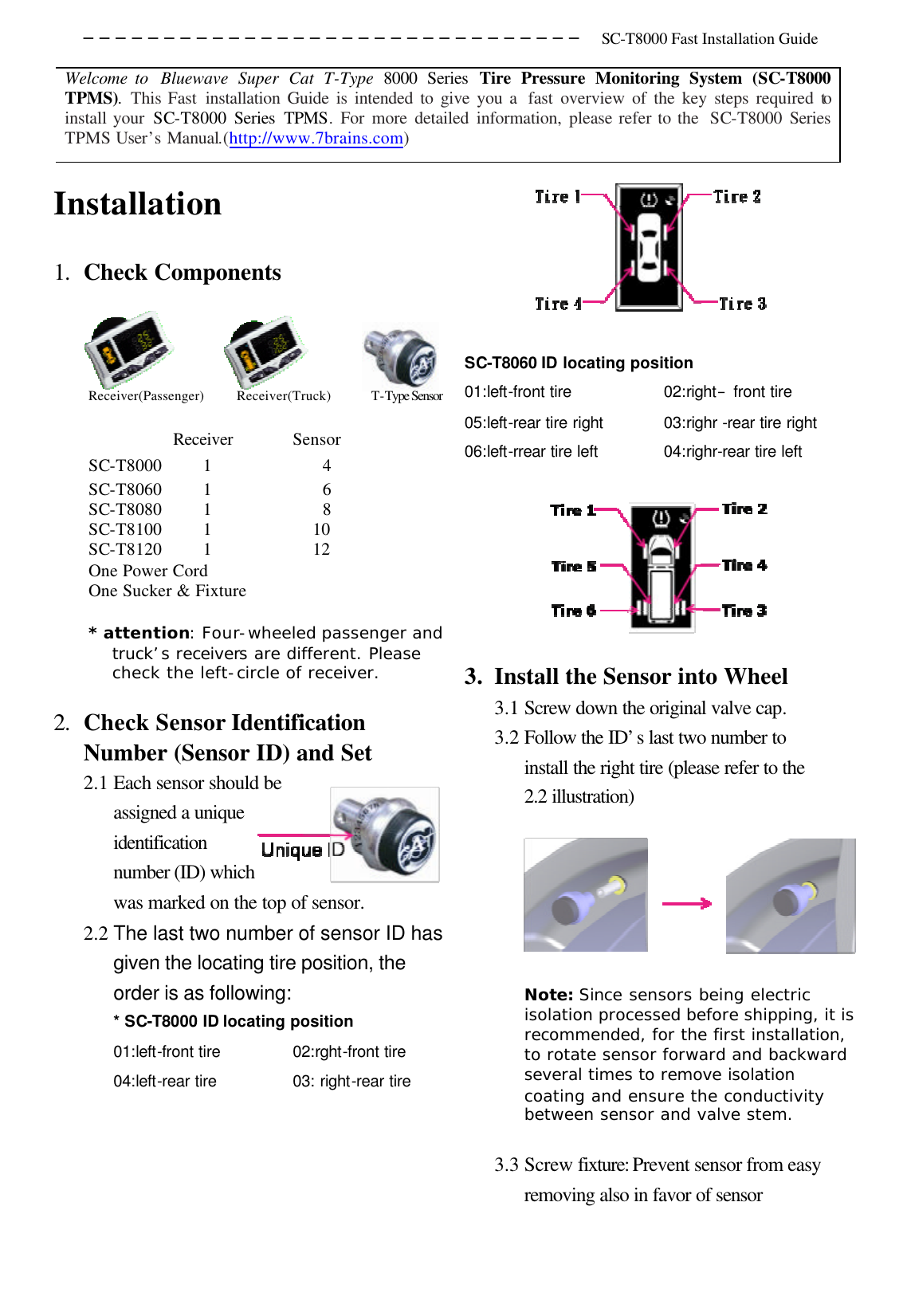 ─────────────────────────────── SC-T8000 Fast Installation Guide  Installation 1. Check Components                Receiver(Passenger)    Receiver(Truck)    T-Type Sensor    Receiver    Sensor SC-T8000    1      4 SC-T8060    1      6 SC-T8080    1      8 SC-T8100    1     10 SC-T8120    1     12 One Power Cord One Sucker &amp; Fixture * attention: Four-wheeled passenger and truck’s receivers are different. Please check the left-circle of receiver. 2. Check Sensor Identification Number (Sensor ID) and Set 2.1 Each sensor should be assigned a unique identification number (ID) which was marked on the top of sensor. 2.2 The last two number of sensor ID has given the locating tire position, the order is as following: * SC-T8000 ID locating position 01:left-front tire    02:rght-front tire                                 04:left-rear tire    03: right-rear tire  SC-T8060 ID locating position 01:left-front tire   02:right–front tire                             05:left-rear tire right    03:righr -rear tire right 06:left-rrear tire left    04:righr-rear tire left  3. Install the Sensor into Wheel 3.1 Screw down the original valve cap.   3.2 Follow the ID’s last two number to install the right tire (please refer to the 2.2 illustration)  Note: Since sensors being electric isolation processed before shipping, it is recommended, for the first installation, to rotate sensor forward and backward several times to remove isolation coating and ensure the conductivity between sensor and valve stem.  3.3 Screw fixture: Prevent sensor from easy removing also in favor of sensor Welcome to  Bluewave Super Cat T-Type  8000 Series Tire Pressure Monitoring System (SC-T8000 TPMS). This Fast installation Guide is intended to give you a  fast overview of the key steps required to install your SC-T8000 Series TPMS. For more detailed information, please refer to the  SC-T8000  Series TPMS User’s Manual.(http://www.7brains.com)   