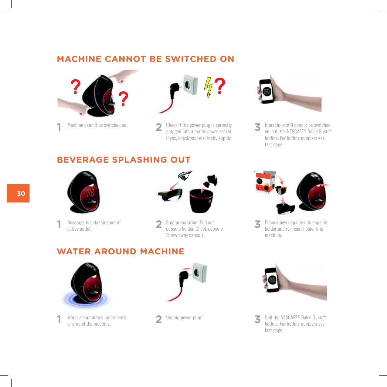 30MACHINE CANNOT BE SWITCHED ON1   Machine cannot be switched on.1  Water accumulates underneath  or around the machine.1    Beverage is splashing out of coffee outlet.2   Check if the power plug is correctly plugged into a mains power socket.  If yes, check your electricity supply. 2 Unplug power plug!2 5VQRRTGRCTCVKQP2WNNQWV capsule holder. Check capsule. Throw away capsule.3   %CNNVJG0'5%#(&yen;&reg;|&amp;QNEG|)WUVQ&reg; hotline. For hotline numbers see last page.3  If machine still cannot be switched QPECNNVJG0'5%#(&yen;&reg;|&amp;QNEG|)WUVQ&reg; hotline. For hotline numbers see last page.3   Place a new capsule into capsule holder and re-insert holder into machine.WATER AROUND MACHINEBEVERAGE SPLASHING OUT