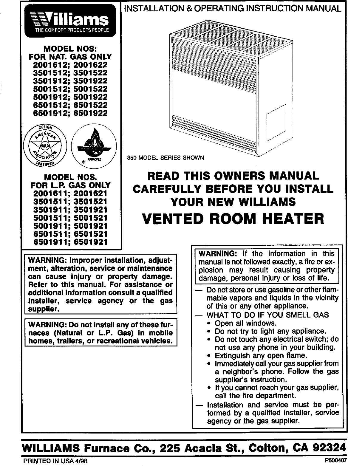 WILLIAMS Heater/LP Gas Manual L0408171