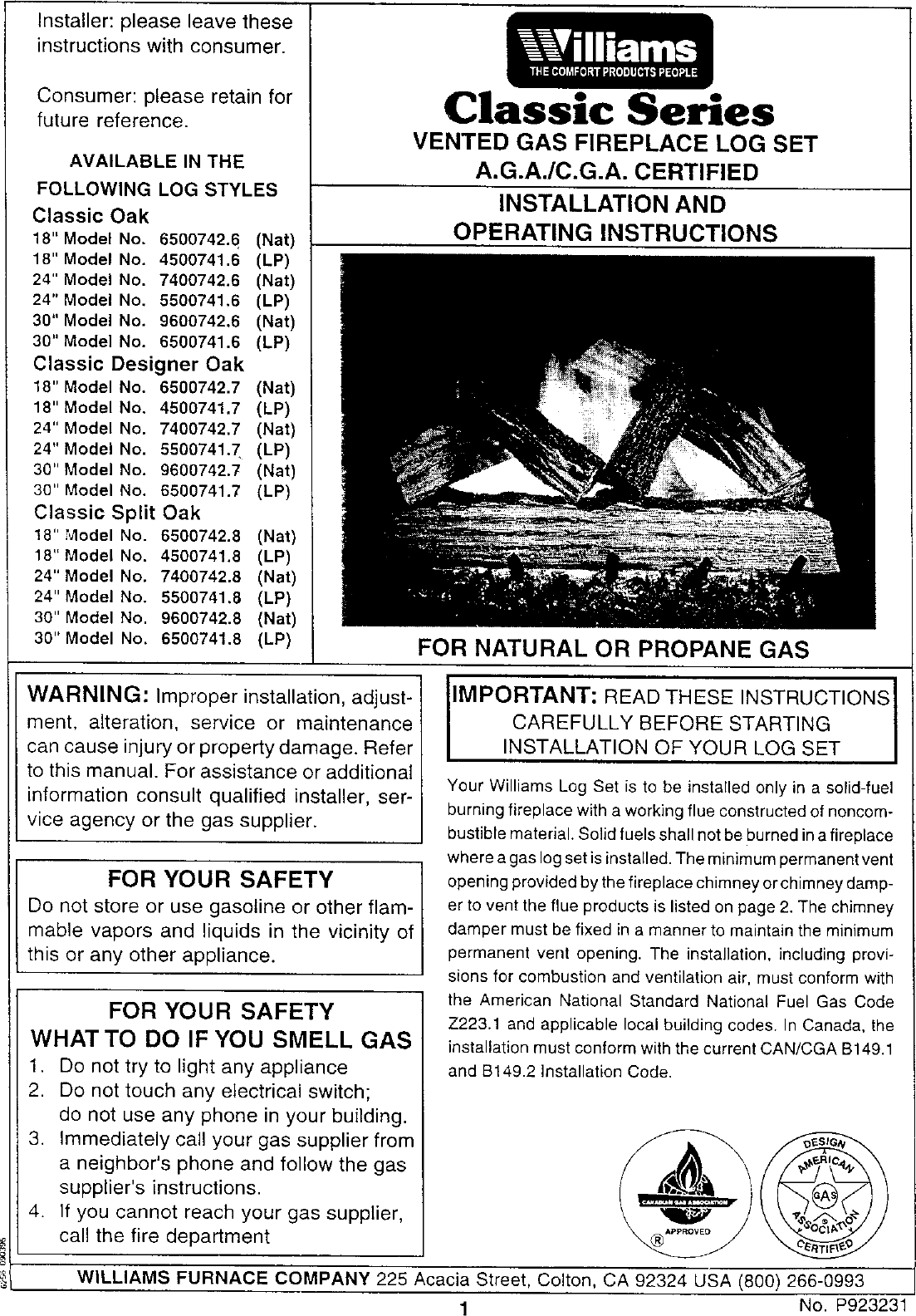 Williams Log Gas Fireplace Manual L0408173