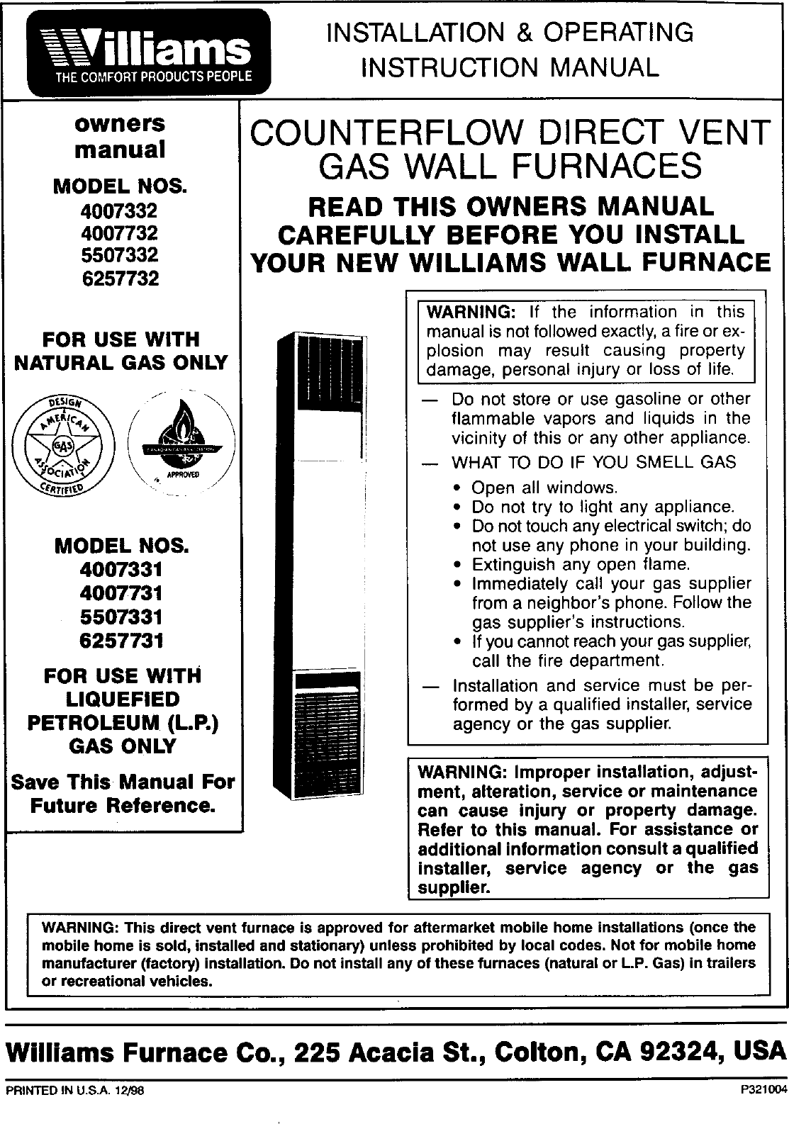 WILLIAMS Furnace/Heater, Gas Manual L0408178