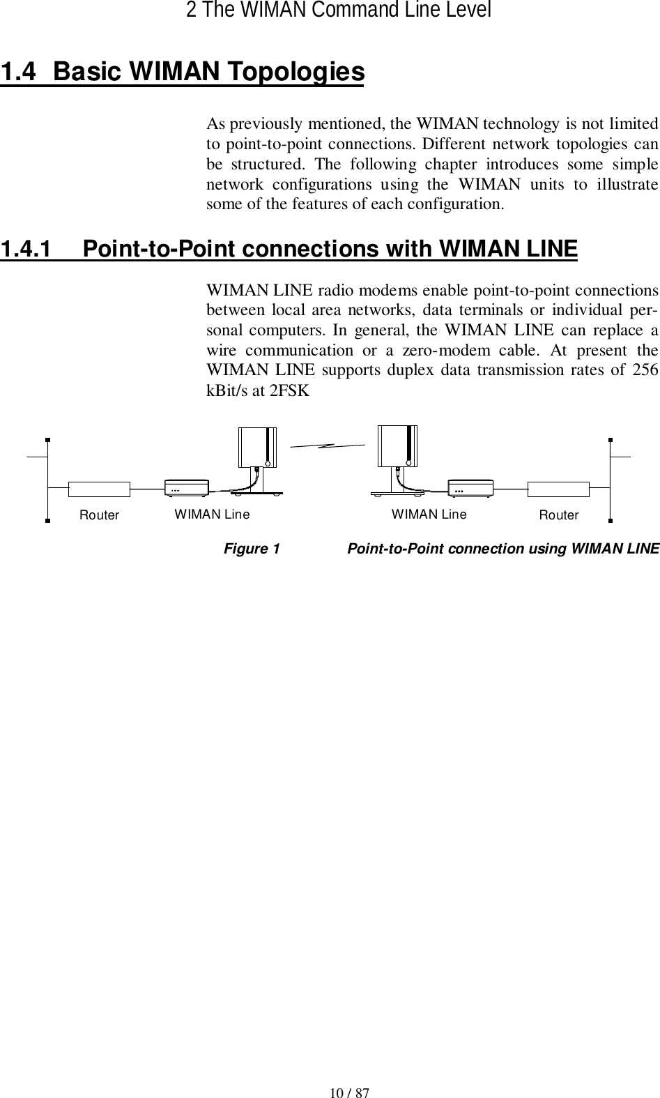 2 The WIMAN Command Line Level10 / 871.4  Basic WIMAN TopologiesAs previously mentioned, the WIMAN technology is not limitedto point-to-point connections. Different network topologies canbe structured. The following chapter introduces some simplenetwork configurations using the WIMAN units to illustratesome of the features of each configuration.1.4.1  Point-to-Point connections with WIMAN LINEWIMAN LINE radio modems enable point-to-point connectionsbetween local area networks, data terminals or individual per-sonal computers. In general, the WIMAN LINE can replace awire communication or a zero-modem cable. At present theWIMAN LINE supports duplex data transmission rates of 256kBit/s at 2FSK WIMAN LineRouter WIMAN Line RouterFigure 1 Point-to-Point connection using WIMAN LINE