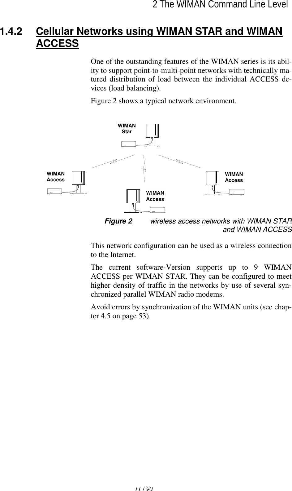   2 The WIMAN Command Line Level11 / 90l1.4.2  Cellular Networks using WIMAN STAR and WIMAN ACCESS One of the outstanding features of the WIMAN series is its abil-ity to support point-to-multi-point networks with technically ma-tured distribution of load between the individual ACCESS de-vices (load balancing). Figure 2 shows a typical network environment. WIMANAccessWIMANStarWIMANAccessWIMANAccess Figure 2  wireless access networks with WIMAN STAR and WIMAN ACCESS This network configuration can be used as a wireless connection to the Internet. The current software-Version supports up to 9 WIMAN ACCESS per WIMAN STAR. They can be configured to meet higher density of traffic in the networks by use of several syn-chronized parallel WIMAN radio modems. Avoid errors by synchronization of the WIMAN units (see chap-ter 4.5 on page 53). 