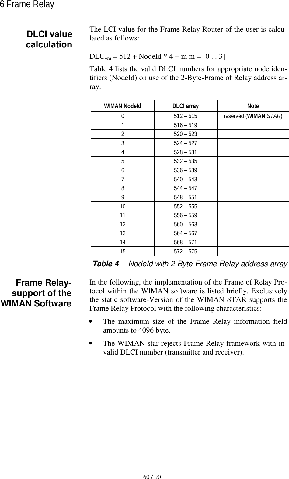   60 / 90 6 Frame Relay  The LCI value for the Frame Relay Router of the user is calcu-lated as follows: DLCIm = 512 + NodeId * 4 + m m = [0 ... 3] Table 4 lists the valid DLCI numbers for appropriate node iden-tifiers (NodeId) on use of the 2-Byte-Frame of Relay address ar-ray. WIMAN NodeId  DLCI array  Note 0  512 – 515  reserved (WIMAN STAR) 1  516 – 519   2  520 – 523   3  524 – 527   4  528 – 531   5  532 – 535   6  536 – 539   7  540 – 543   8  544 – 547   9  548 – 551   10  552 – 555   11  556 – 559   12  560 – 563   13  564 – 567   14  568 – 571   15  572 – 575   Table 4  NodeId with 2-Byte-Frame Relay address array In the following, the implementation of the Frame of Relay Pro-tocol within the WIMAN software is listed briefly. Exclusively the static software-Version of the WIMAN STAR supports the Frame Relay Protocol with the following characteristics: •  The maximum size of the Frame Relay information field amounts to 4096 byte. •  The WIMAN star rejects Frame Relay framework with in-valid DLCI number (transmitter and receiver). DLCI value calculation Frame Relay-support of the WIMAN Software 