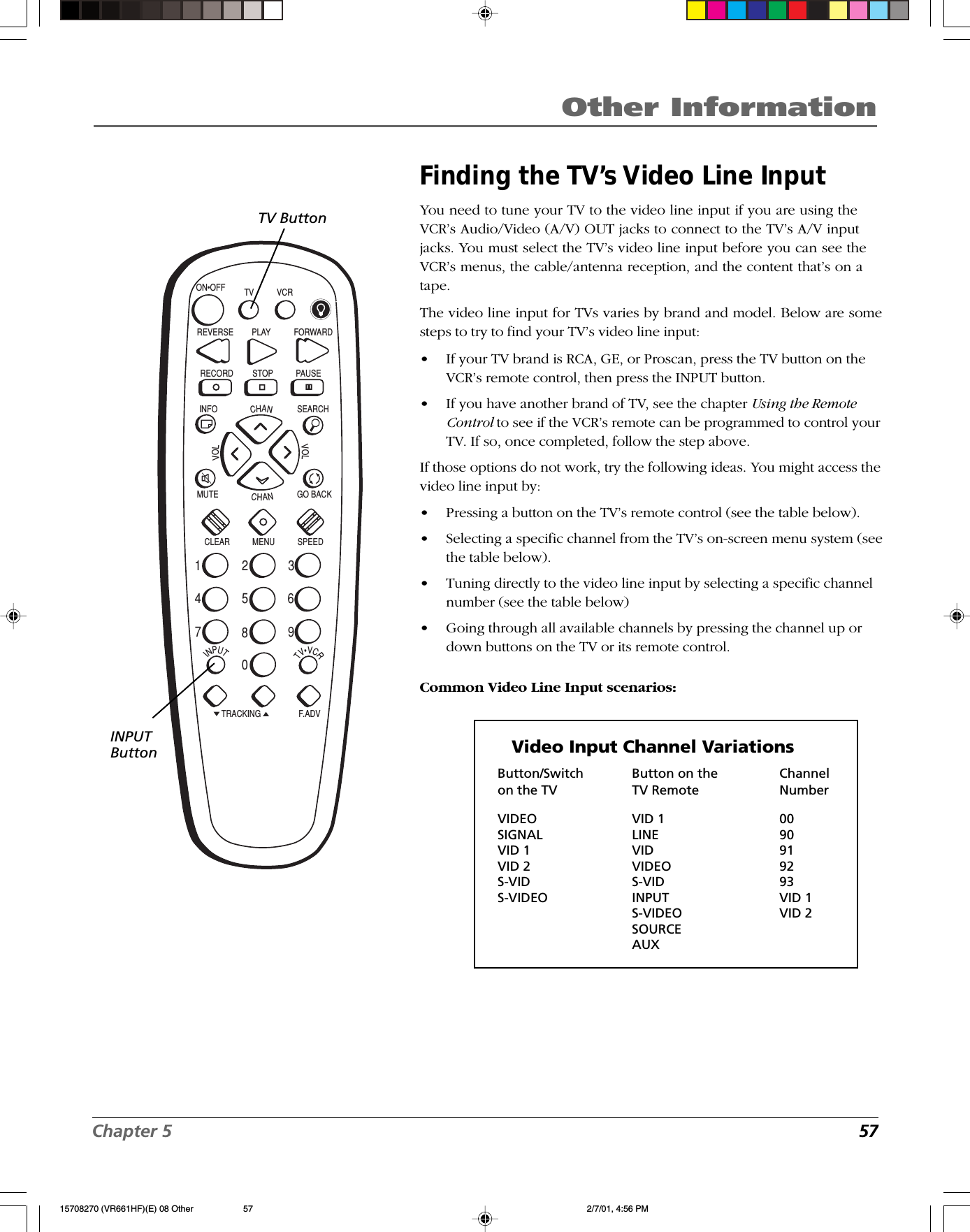 Chapter 5  57Other InformationFinding the TV’s Video Line InputYou need to tune your TV to the video line input if you are using theVCR’s Audio/Video (A/V) OUT jacks to connect to the TV’s A/V inputjacks. You must select the TV’s video line input before you can see theVCR’s menus, the cable/antenna reception, and the content that’s on atape.The video line input for TVs varies by brand and model. Below are somesteps to try to find your TV’s video line input:•If your TV brand is RCA, GE, or Proscan, press the TV button on theVCR’s remote control, then press the INPUT button.•If you have another brand of TV, see the chapter Using the RemoteControl to see if the VCR’s remote can be programmed to control yourTV. If so, once completed, follow the step above.If those options do not work, try the following ideas. You might access thevideo line input by:•Pressing a button on the TV’s remote control (see the table below).•Selecting a specific channel from the TV’s on-screen menu system (seethe table below).•Tuning directly to the video line input by selecting a specific channelnumber (see the table below)•Going through all available channels by pressing the channel up ordown buttons on the TV or its remote control.Common Video Line Input scenarios:INPUTTV•VCRON•OFFPLAY FORWARDRECORD STOP PAUSEF.A D VCLEAR MENU SPEEDTRACKING1472583690CHANVOLVOLCHANINFO SEARCHMUTE GO BACK TV VCRREVERSEINPUTButtonTV ButtonVideo Input Channel VariationsButton/Switch Button on the Channelon the TV TV Remote NumberVIDEO VID 1 00SIGNAL LINE 90VID 1 VID 91VID 2 VIDEO 92S-VID S-VID 93S-VIDEO INPUT VID 1S-VIDEO VID 2SOURCEAUX15708270 (VR661HF)(E) 08 Other 2/7/01, 4:56 PM57