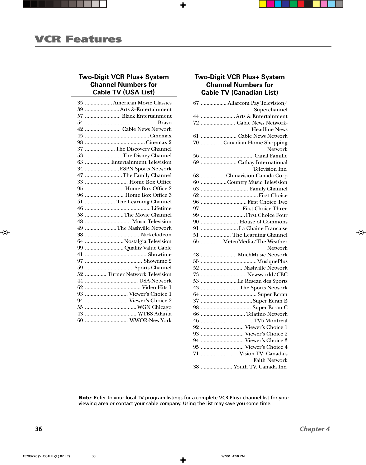 VCR Features36 Chapter 4Two-Digit VCR Plus+ SystemChannel Numbers forCable TV (Canadian List)67 .................. Allarcom Pay Television/Superchannel44 ........................ Arts &amp; Entertainment72 ........................ Cable News Network-Headline News61 ......................... Cable News Network70 ............... Canadian Home ShoppingNetwork56 ..................................... Canal Famille69 ......................... Cathay InternationalTelevision Inc.68 ................. Chinavision Canada Corp60 ..................Country Music Television63 ................................. Family Channel62 ........................................ First Choice96 ................................ First Choice Two97 ............................ First Choice Three99 ............................... First Choice Four90 .......................... House of Commons91 .......................... La Chaine Francaise51 ..................... The Learning Channel65 ............... MeteoMedia/The WeatherNetwork48 ......................... MuchMusic Network55 .......................................MusiquePlus52 ............................. Nashville Network73 ................................ Newsworld/CBC53 ......................... Le Reseau des Sports43 .......................... The Sports Network64 ....................................... Super Ecran37 ....................................Super Ecran B98 ................................... Super Ecran C66 ............................... Telatino Network46 .................................... TV5 Montreal92 .............................. Viewer’s Choice 193 .............................. Viewer’s Choice 294 .............................. Viewer’s Choice 395 .............................. Viewer’s Choice 471 .......................... Vision TV: Canada’sFaith Network38 ...................... Youth TV, Canada Inc.Note: Refer to your local TV program listings for a complete VCR Plus+ channel list for yourviewing area or contact your cable company. Using the list may save you some time.Two-Digit VCR Plus+ SystemChannel Numbers forCable TV (USA List)35 ................... American Movie Classics39 ........................ Arts &amp;-Entertainment57 ......................... Black Entertainment54 .................................................. Bravo42 ......................... Cable News Network45 ............................................. Cinemax98 .......................................... Cinemax 237 ..................... The Discovery Channel53 ..........................The Disney Channel63 ..................Entertainment Television34 ........................ESPN Sports Network47 .......................... The Family Channel33 .............................. Home Box Office95 ........................... Home Box Office 296 ........................... Home Box Office 351 ..................... The Learning Channel46 ..............................................Lifetime58 ...........................The Movie Channel48 ................................ Music Television49 ......................The Nashville Network38 ...................................... Nickelodeon64 ...........................Nostalgia Television99 ........................... Quality Value Cable41 ........................................... Showtime97 ........................................ Showtime 259 .................................. Sports Channel52 ............... Turner Network Television44 ..................................... USA-Network62 ....................................... Video Hits 193 .............................. Viewer’s Choice 194 .............................. Viewer’s Choice 255 .................................... WGN Chicago43 .................................... WTBS Atlanta60 .............................. WWOR-New York15708270 (VR661HF)(E) 07 Ftrs 2/7/01, 4:56 PM36
