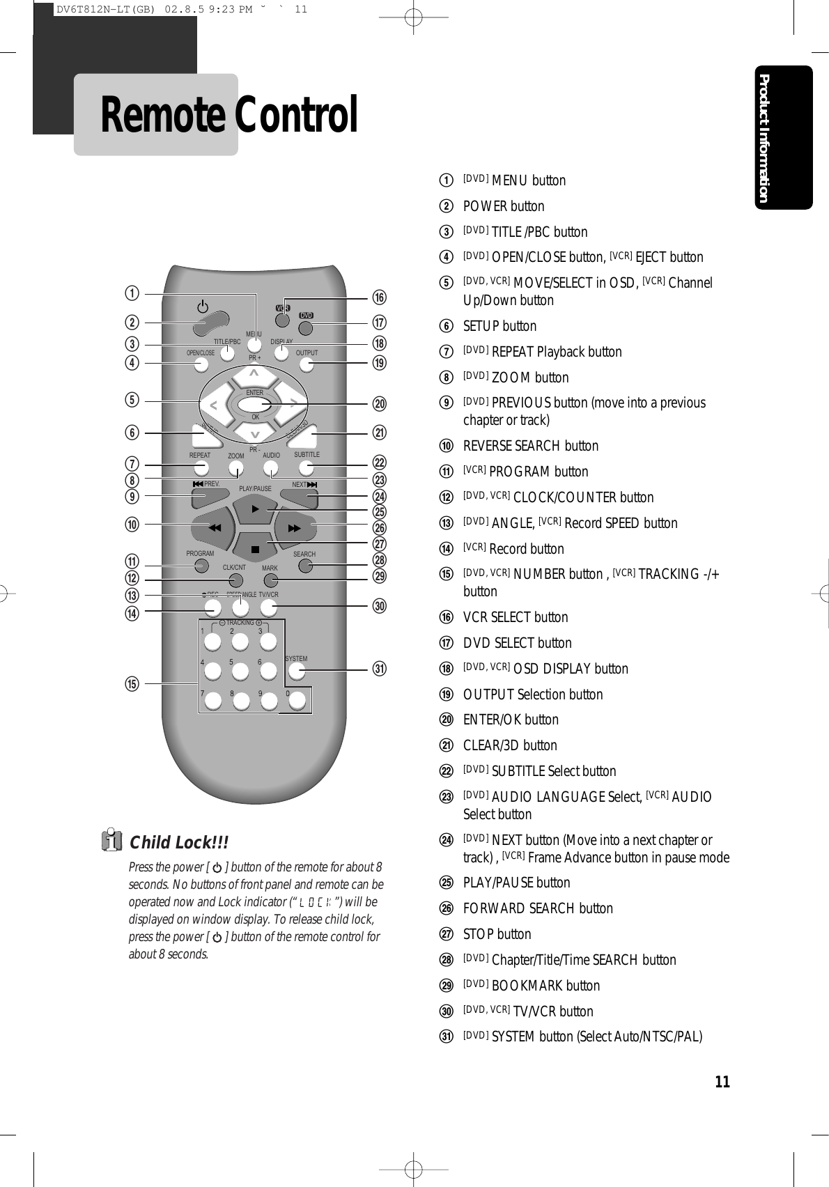 11Product InformationRemote ControlREPEATOPEN/CLOSEDISPLAYTITLE/PBCMENUPR +PR -OUTPUTPREV.RECPROGRAMCLK/CNTSPEED/ANGLETRACKINGTV/VCRMARKSEARCHSYSTEMPLAY/PAUSE NEXTZOOM AUDIO SUBTITLESETUPCLEAR/3DENTEROKVCRDVD6@#!$%^&amp;*()123457890“‘+=QqWwEeR![DVD] MENU button@POWER button #[DVD] TITLE /PBC button $[DVD] OPEN/CLOSE button, [VCR] EJECT button%[DVD, VCR] MOVE/SELECT in OSD, [VCR] ChannelUp/Down button ^SETUP button &amp;[DVD] REPEAT Playback button *[DVD] ZOOM button ([DVD] PREVIOUS button (move into a previouschapter or track) )REVERSE SEARCH button 1[VCR] PROGRAM button2[DVD, VCR] CLOCK/COUNTER button 3[DVD] ANGLE, [VCR] Record SPEED button 4[VCR] Record button 5[DVD, VCR] NUMBER button , [VCR] TRACKING -/+button 6VCR SELECT button 7DVD SELECT button 8[DVD, VCR] OSD DISPLAY button9OUTPUT Selection button0ENTER/OK button“CLEAR/3D button ‘[DVD] SUBTITLE Select button +[DVD] AUDIO LANGUAGE Select, [VCR] AUDIOSelect button =[DVD] NEXT button (Move into a next chapter ortrack) , [VCR] Frame Advance button in pause mode QPLAY/PAUSE button qFORWARD SEARCH button WSTOP button w[DVD] Chapter/Title/Time SEARCH button E[DVD] BOOKMARK button e[DVD, VCR] TV/VCR button R[DVD] SYSTEM button (Select Auto/NTSC/PAL) Press the power [ ] button of the remote for about 8seconds. No buttons of front panel and remote can beoperated now and Lock indicator (“ ”) will bedisplayed on window display. To release child lock,press the power [ ] button of the remote control forabout 8 seconds.Child Lock!!!DV6T812N-LT(GB)  02.8.5 9:23 PM  ˘`11