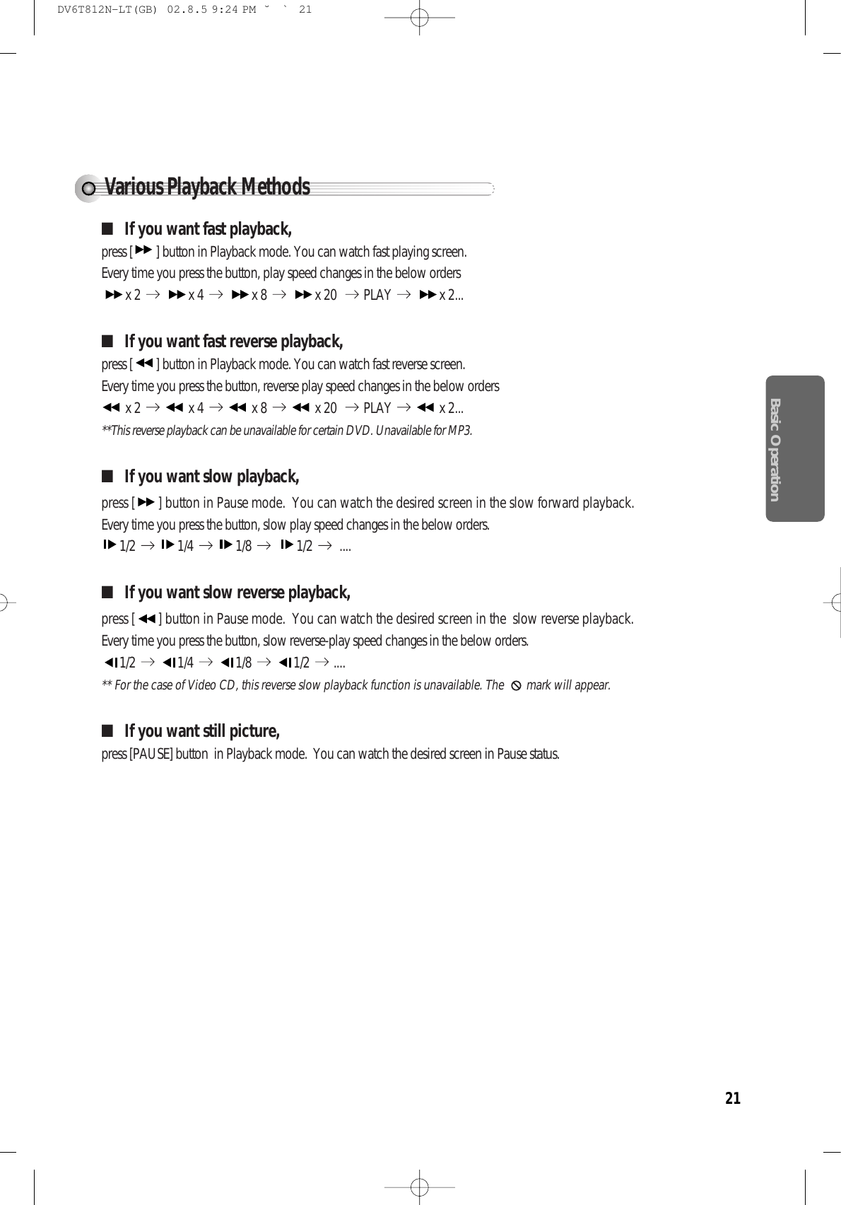 21Basic OperationVarious Playback Methods■If you want fast playback,press [ ] button in Playback mode. You can watch fast playing screen.Every time you press the button, play speed changes in the below ordersx 2  x 4  x 8  x 20   PLAY  x 2...■If you want fast reverse playback,press [ ] button in Playback mode. You can watch fast reverse screen.Every time you press the button, reverse play speed changes in the below ordersx 2  x 4  x 8  x 20   PLAY  x 2...**This reverse playback can be unavailable for certain DVD. Unavailable for MP3. ■If you want slow playback,press [ ] button in Pause mode.  You can watch the desired screen in the slow forward playback. Every time you press the button, slow play speed changes in the below orders.1/2 1/4 1/8  1/2 ....■If you want slow reverse playback,press [ ] button in Pause mode.  You can watch the desired screen in the  slow reverse playback. Every time you press the button, slow reverse-play speed changes in the below orders.1/2 1/4 1/8 1/2 .... ** For the case of Video CD, this reverse slow playback function is unavailable. The   mark will appear.■If you want still picture, press [PAUSE] button  in Playback mode.  You can watch the desired screen in Pause status.DV6T812N-LT(GB)  02.8.5 9:24 PM  ˘`21