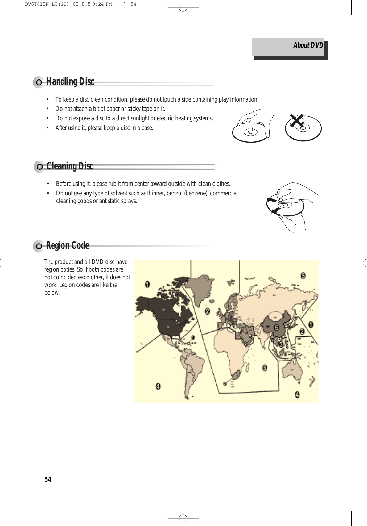 54Handling Disc• To keep a disc clean condition, please do not touch a side containing play information.• Do not attach a bit of paper or sticky tape on it.• Do not expose a disc to a direct sunlight or electric heating systems.• After using it, please keep a disc in a case.Cleaning Disc• Before using it, please rub it from center toward outside with clean clothes. • Do not use any type of solvent such as thinner, benzol (benzene), commercialcleaning goods or antistatic sprays. About DVDRegion CodeThe product and all DVD disc haveregion codes. So if both codes arenot coincided each other, it does notwork. Legion codes are like thebelow. DV6T812N-LT(GB)  02.8.5 9:24 PM  ˘`54
