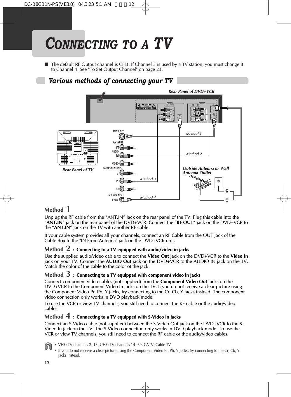 12Various methods of connecting your TV AUDIOVIDEOS-VIDEOANT INPUTS-VIDEO INPUTA/V INPUTCOMPONENT INPUTCAUTIONCAUTION: TO REDUCE THE RISK OF ELECTRIC SHOCK.DO NOT REMOVE COVER (OR BACK).NO USER SERVICEABLE PARTS INSIDE.REFER SERVICING TO QUALIFIED SERVICE PRESONNEL.RISK OF ELECTRIC SHOCKDO NOT OPEN2018 16 14 12 10 8 6 4 32119 17 15 13 11 9 7 5 3 1DVD ONLY DVD + VCRAUDIOOUTRLRLYPrPbDIGITALAUDIO OUTCOAXIALCOMPONENTVIDEO OUTVIDEOOUTVIDEO 1ININ(FROM ANT.)OUT(TO TV)RFS-VIDEO OUTAUDIOVIDEOMethod 1Unplug the RF cable from the “ANT.IN” Jack on the rear panel of the TV. Plug this cable into the“ANT.IN” jack on the rear panel of the DVD+VCR. Connect the “RF OUT” jack on the DVD+VCR tothe “ANT.IN” jack on the TV with another RF cable.If your cable system provides all your channels, connect an RF Cable from the OUT jack of theCable Box to the &quot;IN From Antenna&quot; jack on the DVD+VCR unit.Method 2 : Connecting to a TV equipped with audio/video in jacksUse the supplied audio/video cable to connect the Video Out jack on the DVD+VCR to the Video Injack on your TV. Connect the AUDIO Out jack on the DVD+VCR to the AUDIO IN jack on the TV.Match the color of the cable to the color of the jack.Method 3 : Connecting to a TV equipped with component video in jacksConnect component video cables (not supplied) from the Component Video Out jacks on theDVD+VCR to the Component Video In jacks on the TV. If you do not receive a clear picture usingthe Component Video Pr, Pb, Y jacks, try connecting to the Cr, Cb, Y jacks instead. The componentvideo connection only works in DVD playback mode. To use the VCR or view TV channels, you still need to connect the RF cable or the audio/videocables.Method 4 : Connecting to a TV equipped with S-Video in jacksConnect an S-Video cable (not supplied) between the S-Video Out jack on the DVD+VCR to the S-Video In jack on the TV. The S-Video connection only works in DVD playback mode. To use theVCR or view TV channels, you still need to connect the RF cable or the audio/video cables.■The default RF Output channel is CH3. If Channel 3 is used by a TV station, you must change itto Channel 4. See &quot;To Set Output Channel&quot; on page 23.CONNECTING TO A TV• VHF: TV channels 2~13, UHF: TV channels 14~69, CATV: Cable TV• If you do not receive a clear picture using the Component Video Pr, Pb, Y jacks, try connecting to the Cr, Cb, Yjacks instead.Outside Antenna or WallAntenna OutletRear Panel of DVD+VCRRear Panel of TVMethod 1Method 2Method 3Method 4DC-B8CB1N-PS(VE3.0)  04.3.23 5:1 AM  페이지12