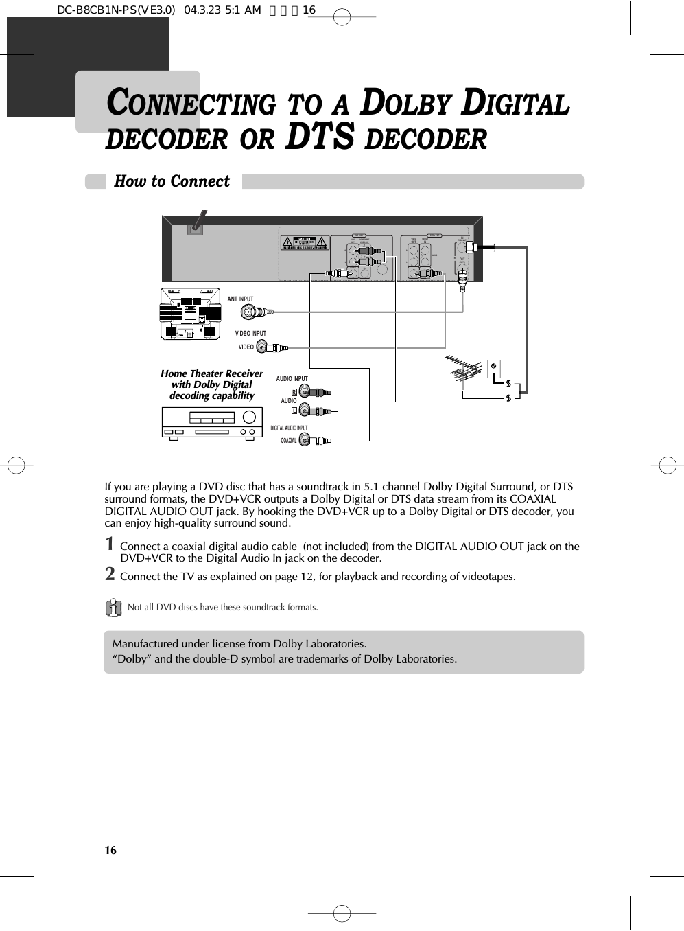 16CONNECTING TO A DOLBY DIGITALDECODER OR DTS DECODERHow to Connect  AUDIO COAXIALANT INPUTAUDIO INPUTDIGITAL AUDIO INPUTCAUTIONCAUTION: TO REDUCE THE RISK OF ELECTRIC SHOCK.DO NOT REMOVE COVER (OR BACK).NO USER SERVICEABLE PARTS INSIDE.REFER SERVICING TO QUALIFIED SERVICE PRESONNEL.RISK OF ELECTRIC SHOCKDO NOT OPEN201816 14 12 10 86 4 3211917 15 13 11 9 7 5 3 1VIDEOVIDEO INPUTDVD ONLY DVD + VCRAUDIOOUTRLRLYPrPbDIGITALAUDIO OUTCOAXIALCOMPONENTVIDEO OUTVIDEOOUTVIDEO 1ININ(FROM ANT.)OUT(TO TV)RFS-VIDEO OUTAUDIOVIDEOIf you are playing a DVD disc that has a soundtrack in 5.1 channel Dolby Digital Surround, or DTSsurround formats, the DVD+VCR outputs a Dolby Digital or DTS data stream from its COAXIALDIGITAL AUDIO OUT jack. By hooking the DVD+VCR up to a Dolby Digital or DTS decoder, youcan enjoy high-quality surround sound.1Connect a coaxial digital audio cable  (not included) from the DIGITAL AUDIO OUT jack on theDVD+VCR to the Digital Audio In jack on the decoder.2Connect the TV as explained on page 12, for playback and recording of videotapes.Manufactured under license from Dolby Laboratories.“Dolby” and the double-D symbol are trademarks of Dolby Laboratories.Home Theater Receiverwith Dolby Digitaldecoding capabilityNot all DVD discs have these soundtrack formats.DC-B8CB1N-PS(VE3.0)  04.3.23 5:1 AM  페이지16