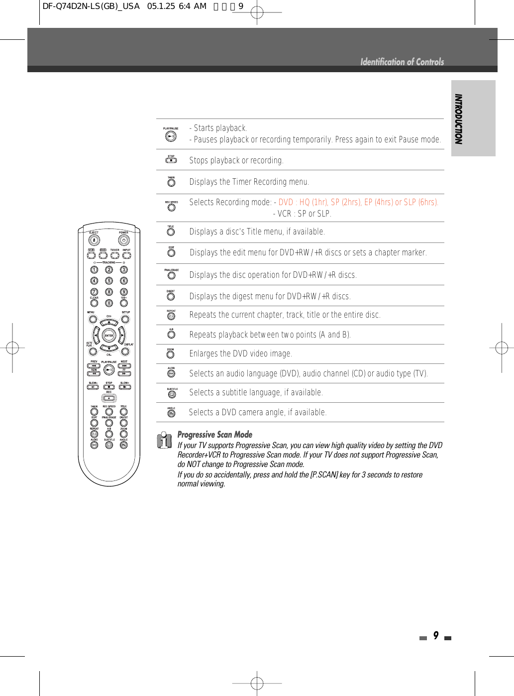 INTRODUCTION9Displays a disc’s Title menu, if available.Selects a subtitle language, if available.Selects Recording mode: - DVD : HQ (1hr), SP (2hrs), EP (4hrs) or SLP (6hrs).- VCR : SP or SLP.Selects a DVD camera angle, if available.- Starts playback.- Pauses playback or recording temporarily. Press again to exit Pause mode.Stops playback or recording.Selects an audio language (DVD), audio channel (CD) or audio type (TV).Displays the edit menu for DVD+RW/+R discs or sets a chapter marker.Displays the disc operation for DVD+RW/+R discs.Displays the digest menu for DVD+RW/+R discs.Repeats the current chapter, track, title or the entire disc.Repeats playback between two points (A and B).Displays the Timer Recording menu.Enlarges the DVD video image.Progressive Scan ModeIf your TV supports Progressive Scan, you can view high quality video by setting the DVDRecorder+VCR to Progressive Scan mode. If your TV does not support Progressive Scan,do NOT change to Progressive Scan mode.If you do so accidentally, press and hold the [P.SCAN] key for 3 seconds to restorenormal viewing.Identification of ControlsDF-Q74D2N-LS(GB)_USA  05.1.25 6:4 AM  페이지9