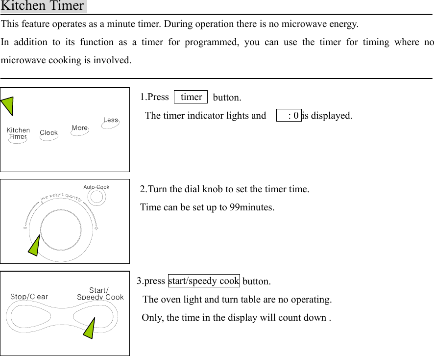 KitchenTimer ClockLessMoreStop/Clear Speedy CookStart/Auto CooktKitchen TimerThis feature operates as a minute timer. During operation there is no microwave energy.In addition to its function as a timer for programmed, you can use the timer for timing where nomicrowave cooking is involved.1.Press  timer  button.  The timer indicator lights and        : 0 is displayed.    2.Turn the dial knob to set the timer time.Time can be set up to 99minutes. 3.press start/speedy cook button.    The oven light and turn table are no operating.    Only, the time in the display will count down .