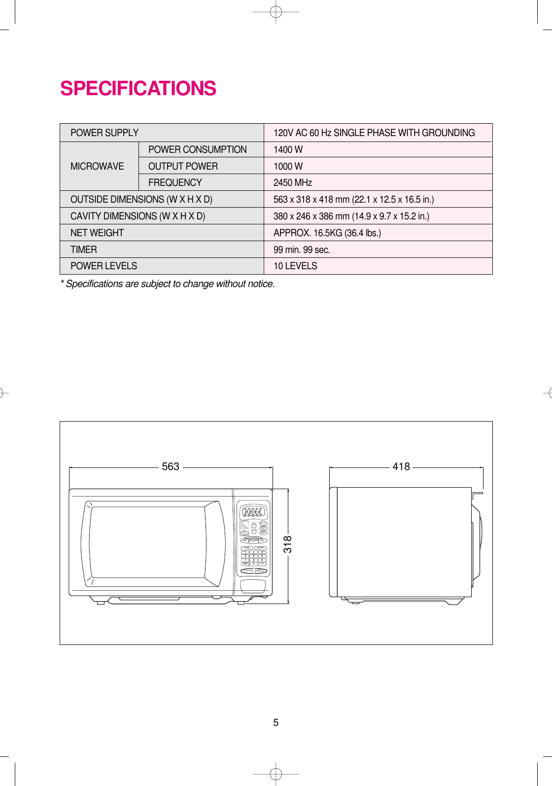 5* Specifications are subject to change without notice.POWER SUPPLY  120V AC 60 Hz SINGLE PHASE WITH GROUNDINGPOWER CONSUMPTION  1400 WMICROWAVE OUTPUT POWER 1000 W FREQUENCY 2450 MHzOUTSIDE DIMENSIONS (W X H X D)   563 x 318 x 418 mm (22.1 x 12.5 x 16.5 in.)CAVITY DIMENSIONS (W X H X D)  380 x 246 x 386 mm (14.9 x 9.7 x 15.2 in.)NET WEIGHT  APPROX. 16.5KG (36.4 lbs.)TIMER  99 min. 99 sec.POWER LEVELS 10 LEVELSSPECIFICATIONS563 418318CLOCKMEAT FISHPOULTRYSTOP/CLEARSTART/SPEEDY COOKPOWER1234567809DEFROSTAUTO DEFROSTKITCHENTIMERM/W DEFPOPCORNMORELESSTIMER LOCK lbAUTOCOOKFROZENPIZZADINNERPLATE1. Bread2. Soup3. Bread Potato4. Fresh Vegetable5. Frozen vegetable 