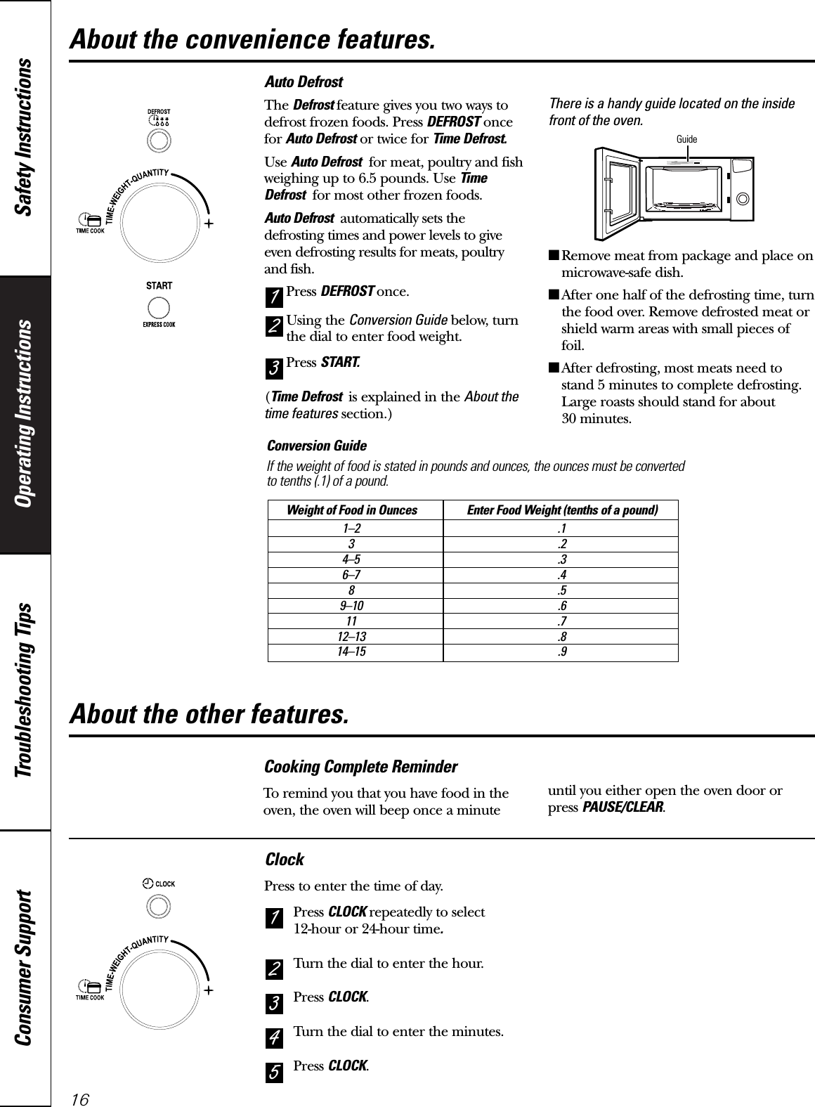 Operating Instructions Safety InstructionsConsumer Support Troubleshooting TipsAbout the convenience features.16Auto DefrostThe Defrost feature gives you two ways todefrost frozen foods. Press DEFROST oncefor Auto Defrost or twice for Time Defrost.Use Auto Defrost for meat, poultry and fishweighing up to 6.5 pounds. Use TimeDefrost for most other frozen foods.Auto Defrost automatically sets the defrosting times and power levels to giveeven defrosting results for meats, poultry and fish.Press DEFROST once.Using the Conversion Guide below, turnthe dial to enter food weight.Press START.(Time Defrost  is explained in the About thetime features section.)There is a handy guide located on the insidefront of the oven. ■Remove meat from package and place onmicrowave-safe dish.■After one half of the defrosting time, turnthe food over. Remove defrosted meat orshield warm areas with small pieces offoil.■After defrosting, most meats need tostand 5 minutes to complete defrosting.Large roasts should stand for about 30 minutes.321GuideCooking Complete ReminderTo remind you that you have food in theoven, the oven will beep once a minute until you either open the oven door orpress PAUSE/CLEAR.ClockPress to enter the time of day.Press CLOCK repeatedly to select 12-hour or 24-hour time.Turn the dial to enter the hour.Press CLOCK.Turn the dial to enter the minutes.Press CLOCK.54321About the other features.Conversion GuideIf the weight of food is stated in pounds and ounces, the ounces must be converted to tenths (.1) of a pound.Weight of Food in Ounces Enter Food Weight (tenths of a pound)1–2 .13.24–5 .36–7 .48.59–10 .611 .712–13 .814–15 .9