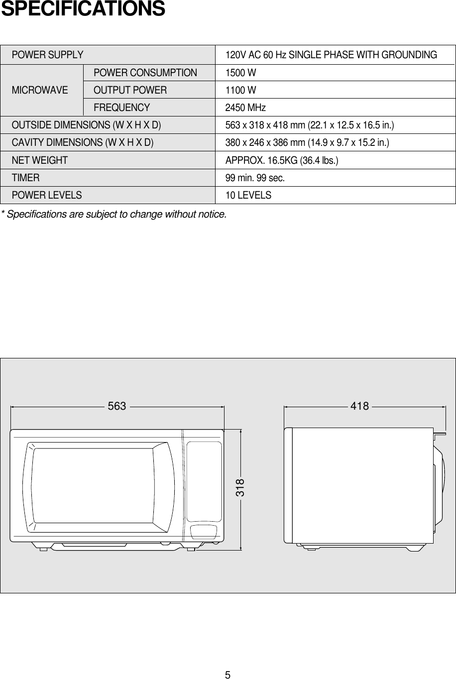 5* Specifications are subject to change without notice.POWER SUPPLY  120V AC 60 Hz SINGLE PHASE WITH GROUNDINGPOWER CONSUMPTION 1500 WMICROWAVE OUTPUT POWER 1100 W FREQUENCY 2450 MHzOUTSIDE DIMENSIONS (W X H X D)   563 x 318 x 418 mm (22.1 x 12.5 x 16.5 in.)CAVITY DIMENSIONS (W X H X D)  380 x 246 x 386 mm (14.9 x 9.7 x 15.2 in.)NET WEIGHT  APPROX. 16.5KG (36.4 lbs.)TIMER  99 min. 99 sec.POWER LEVELS 10 LEVELSSPECIFICATIONS563 418318