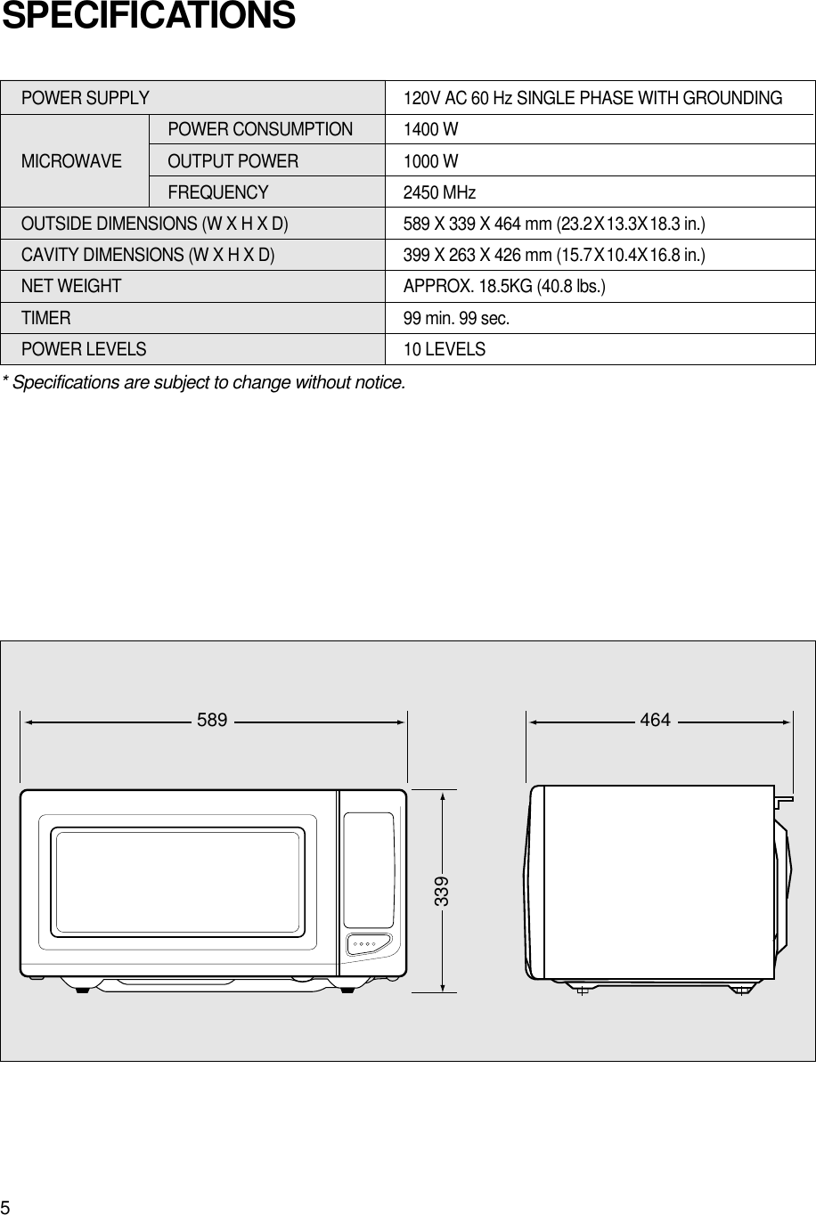 5* Specifications are subject to change without notice.POWER SUPPLY  120V AC 60 Hz SINGLE PHASE WITH GROUNDINGPOWER CONSUMPTION  1400 WMICROWAVE OUTPUT POWER 1000 W FREQUENCY 2450 MHzOUTSIDE DIMENSIONS (W X H X D)   589 X 339 X 464 mm (23.2X13.3X18.3 in.)CAVITY DIMENSIONS (W X H X D)  399 X 263 X 426 mm (15.7X10.4X16.8 in.)NET WEIGHT  APPROX. 18.5KG (40.8 lbs.)TIMER  99 min. 99 sec.POWER LEVELS 10 LEVELSSPECIFICATIONS589 464339