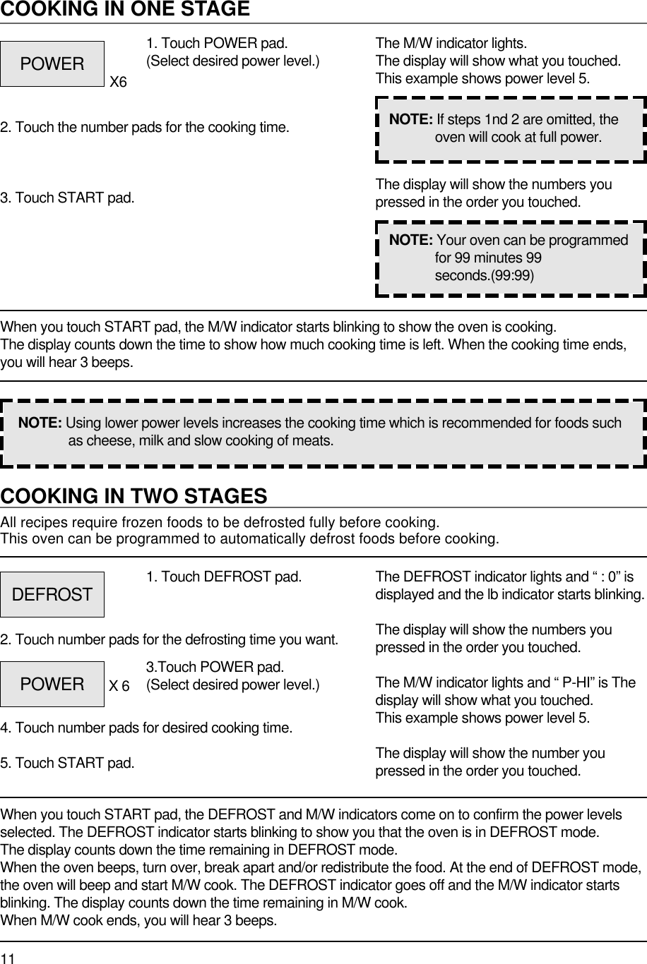 11COOKING IN TWO STAGESAll recipes require frozen foods to be defrosted fully before cooking.This oven can be programmed to automatically defrost foods before cooking.When you touch START pad, the DEFROST and M/W indicators come on to confirm the power levelsselected. The DEFROST indicator starts blinking to show you that the oven is in DEFROST mode.The display counts down the time remaining in DEFROST mode.When the oven beeps, turn over, break apart and/or redistribute the food. At the end of DEFROST mode,the oven will beep and start M/W cook. The DEFROST indicator goes off and the M/W indicator startsblinking. The display counts down the time remaining in M/W cook.When M/W cook ends, you will hear 3 beeps.1. Touch DEFROST pad.2. Touch number pads for the defrosting time you want.4. Touch number pads for desired cooking time.5. Touch START pad.The DEFROST indicator lights and “ : 0” isdisplayed and the lb indicator starts blinking.The display will show the numbers youpressed in the order you touched.The M/W indicator lights and “ P-HI” is Thedisplay will show what you touched.This example shows power level 5.The display will show the number youpressed in the order you touched.COOKING IN ONE STAGEWhen you touch START pad, the M/W indicator starts blinking to show the oven is cooking. The display counts down the time to show how much cooking time is left. When the cooking time ends,you will hear 3 beeps.1. Touch POWER pad.(Select desired power level.)X62. Touch the number pads for the cooking time.3. Touch START pad.The M/W indicator lights.The display will show what you touched.This example shows power level 5.The display will show the numbers youpressed in the order you touched.NOTE: Using lower power levels increases the cooking time which is recommended for foods suchas cheese, milk and slow cooking of meats.NOTE: If steps 1nd 2 are omitted, theoven will cook at full power.NOTE: Your oven can be programmedfor 99 minutes 99seconds.(99:99)POWERDEFROSTPOWER 3.Touch POWER pad.(Select desired power level.)X 6