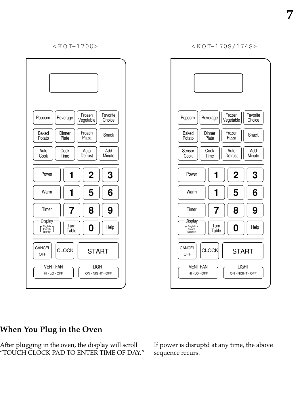 7When You Plug in the OvenAfter plugging in the oven, the display will scroll“TOUCH CLOCK PAD TO ENTER TIME OF DAY.” If power is disruptd at any time, the abovesequence recurs.PopcornPower1Beverage FrozenVegetable FavoriteChoiceBakedPotatoAutoCook CookTimeDinnerPlate FrozenPizza Snack32WarmTurnTable Help1 65Timer7 980AutoDefrost AddMinuteDisplayVENT FANCANCEL CLOCK STARTOFFHI - LO - OFFLIGHTON - NIGHT - OFFEnglishFrenchSpanishPopcornPower1Beverage FrozenVegetable FavoriteChoiceBakedPotatoSensorCook CookTimeDinnerPlate FrozenPizza Snack32WarmTurnTable Help1 65Timer7 980AutoDefrost AddMinuteDisplayVENT FANCANCEL CLOCK STARTOFFHI - LO - OFFLIGHTON - NIGHT - OFFEnglishFrenchSpanish&lt;KOT-170U&gt; &lt;KOT-170S/174S&gt;