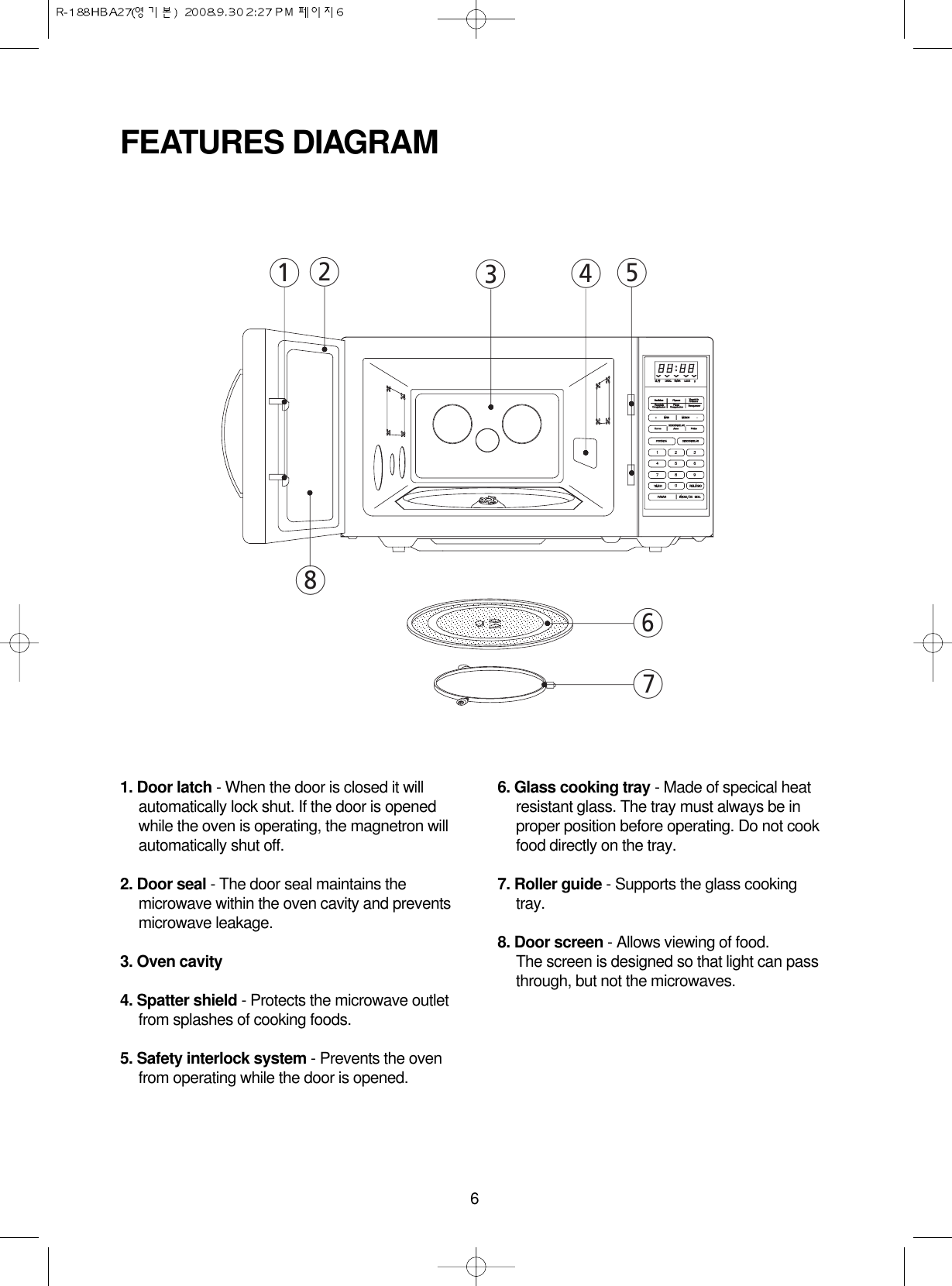 61. Door latch - When the door is closed it willautomatically lock shut. If the door is openedwhile the oven is operating, the magnetron willautomatically shut off.2. Door seal - The door seal maintains themicrowave within the oven cavity and preventsmicrowave leakage.3. Oven cavity4. Spatter shield - Protects the microwave outletfrom splashes of cooking foods.5. Safety interlock system - Prevents the ovenfrom operating while the door is opened.6. Glass cooking tray - Made of specical heatresistant glass. The tray must always be inproper position before operating. Do not cookfood directly on the tray.7. Roller guide - Supports the glass cookingtray.8. Door screen - Allows viewing of food. The screen is designed so that light can passthrough, but not the microwaves.FEATURES DIAGRAM86754321