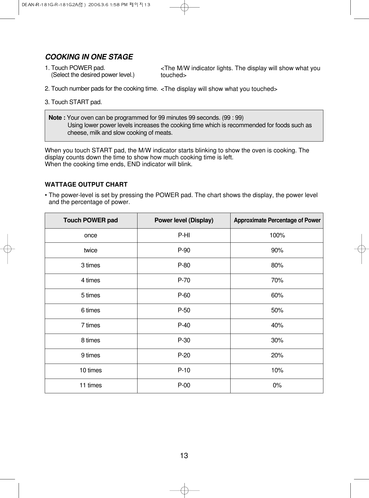 13COOKING IN ONE STAGE1. Touch POWER pad.(Select the desired power level.)2. Touch number pads for the cooking time.3. Touch START pad.When you touch START pad, the M/W indicator starts blinking to show the oven is cooking. Thedisplay counts down the time to show how much cooking time is left.When the cooking time ends, END indicator will blink.WATTAGE OUTPUT CHART• The power-level is set by pressing the POWER pad. The chart shows the display, the power leveland the percentage of power.&lt;The M/W indicator lights. The display will show what youtouched&gt;&lt;The display will show what you touched&gt;Note : Your oven can be programmed for 99 minutes 99 seconds. (99 : 99)Using lower power levels increases the cooking time which is recommended for foods such ascheese, milk and slow cooking of meats.Touch POWER padoncetwice3 times4 times5 times6 times7 times8 times9 times10 times11 timesPower level (Display)P-HIP-90P-80P-70P-60P-50P-40P-30P-20P-10P-00Approximate Percentage of Power100%90%80%70%60%50%40%30%20%10%0%