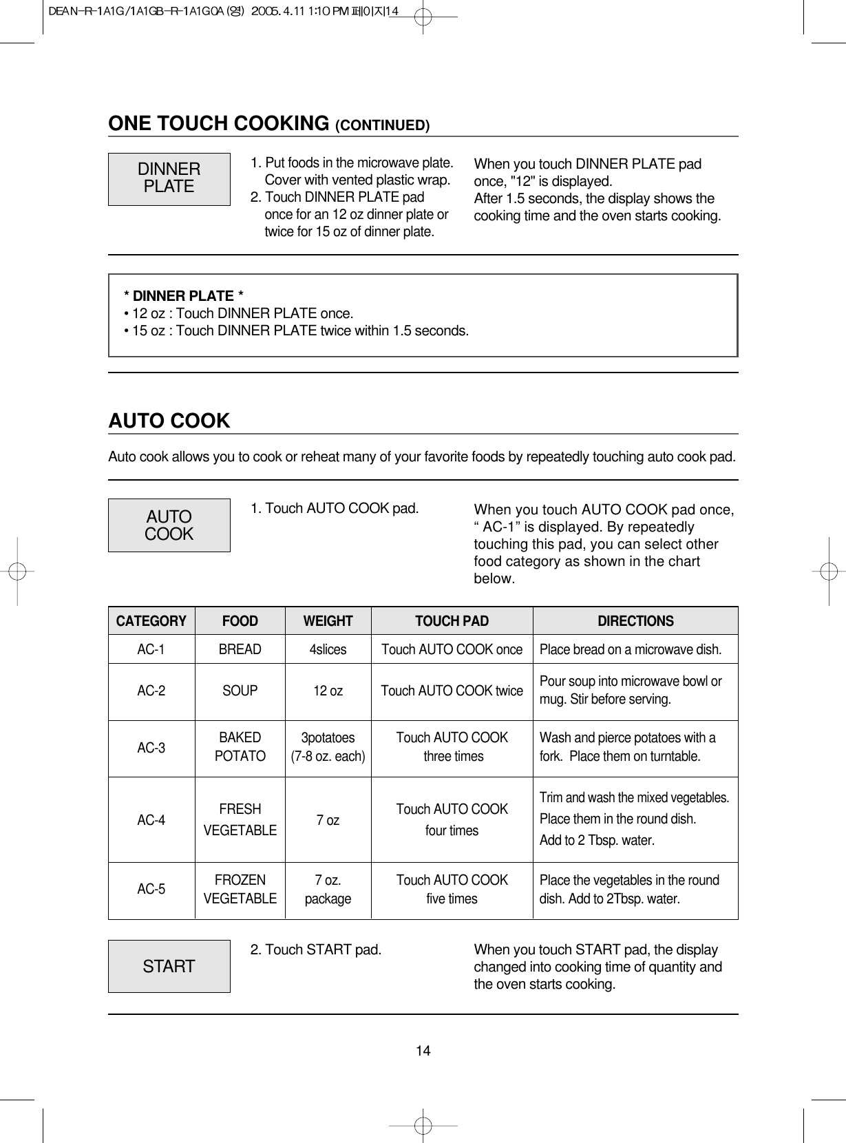 14ONE TOUCH COOKING (CONTINUED)AUTO COOKDINNERPLATEWhen you touch DINNER PLATE padonce, &quot;12&quot; is displayed.After 1.5 seconds, the display shows thecooking time and the oven starts cooking.1. Touch AUTO COOK pad.Auto cook allows you to cook or reheat many of your favorite foods by repeatedly touching auto cook pad.CATEGORY FOOD WEIGHT TOUCH PAD DIRECTIONSAC-1 BREAD 4slices Touch AUTO COOK once Place bread on a microwave dish.AC-2 SOUP 12 oz Touch AUTO COOK twice Pour soup into microwave bowl or mug. Stir before serving.AC-3 BAKED  3potatoes Touch AUTO COOK Wash and pierce potatoes with a POTATO (7-8 oz. each) three times fork.  Place them on turntable.FRESH  Touch AUTO COOKTrim and wash the mixed vegetables.AC-4 VEGETABLE 7 oz four times Place them in the round dish.Add to 2 Tbsp. water.AC-5 FROZEN 7 oz. Touch AUTO COOK Place the vegetables in the round VEGETABLE package five times dish. Add to 2Tbsp. water.AUTOCOOKWhen you touch AUTO COOK pad once,“ AC-1” is displayed. By repeatedlytouching this pad, you can select otherfood category as shown in the chartbelow.* DINNER PLATE *• 12 oz : Touch DINNER PLATE once.• 15 oz : Touch DINNER PLATE twice within 1.5 seconds.2. Touch START pad.START When you touch START pad, the displaychanged into cooking time of quantity andthe oven starts cooking.1. Put foods in the microwave plate.Cover with vented plastic wrap. 2. Touch DINNER PLATE padonce for an 12 oz dinner plate ortwice for 15 oz of dinner plate.