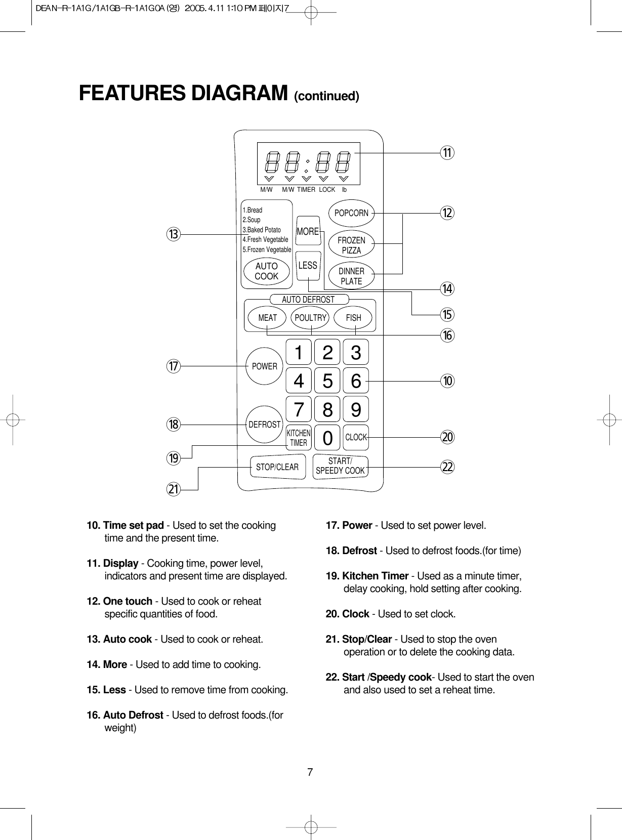 710. Time set pad - Used to set the cookingtime and the present time.11. Display - Cooking time, power level,indicators and present time are displayed.12. One touch - Used to cook or reheatspecific quantities of food. 13. Auto cook - Used to cook or reheat.14. More - Used to add time to cooking.15. Less - Used to remove time from cooking.16. Auto Defrost - Used to defrost foods.(forweight)17. Power - Used to set power level.18. Defrost - Used to defrost foods.(for time)19. Kitchen Timer - Used as a minute timer,delay cooking, hold setting after cooking.20. Clock - Used to set clock.21. Stop/Clear - Used to stop the ovenoperation or to delete the cooking data.22. Start /Speedy cook- Used to start the ovenand also used to set a reheat time.FEATURES DIAGRAM (continued)M/W M/W LOCK lbTIMERPOPCORNFROZENPIZZAAUTOCOOKDINNERPLATEMORELESSAUTO DEFROSTMEATPOWERPOULTRY FISHDEFROSTSTOP/CLEARCLOCKKITCHENTIMER1 2 34 5 67 8 90START/SPEEDY COOKqwuioaerty0ps1.Bread2.Soup3.Baked Potato4.Fresh Vegetable5.Frozen Vegetable