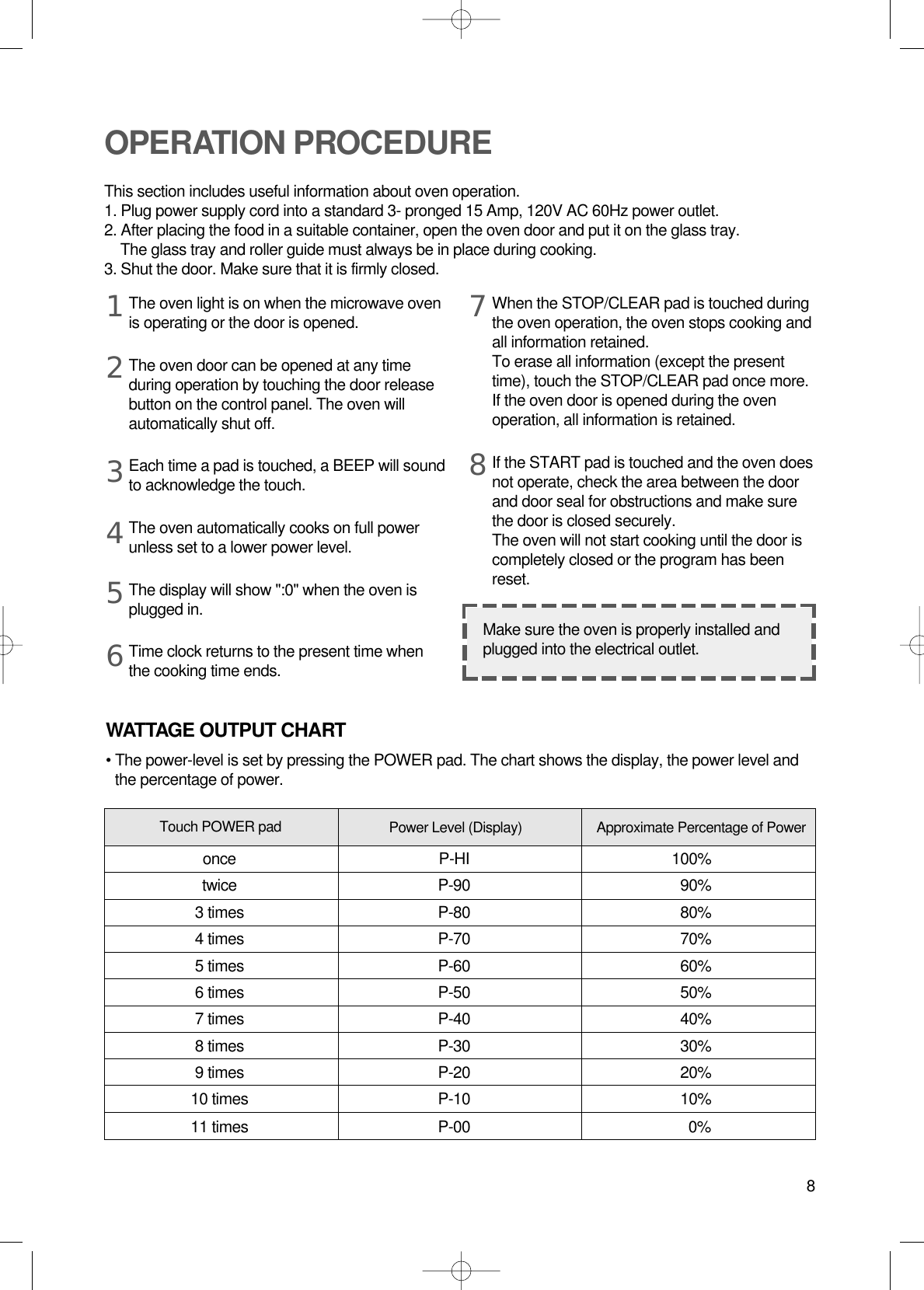 8The oven light is on when the microwave ovenis operating or the door is opened.The oven door can be opened at any timeduring operation by touching the door releasebutton on the control panel. The oven willautomatically shut off. Each time a pad is touched, a BEEP will soundto acknowledge the touch.The oven automatically cooks on full powerunless set to a lower power level.The display will show &quot;:0&quot; when the oven isplugged in.Time clock returns to the present time whenthe cooking time ends.When the STOP/CLEAR pad is touched duringthe oven operation, the oven stops cooking andall information retained. To erase all information (except the presenttime), touch the STOP/CLEAR pad once more.If the oven door is opened during the ovenoperation, all information is retained.If the START pad is touched and the oven doesnot operate, check the area between the doorand door seal for obstructions and make surethe door is closed securely.The oven will not start cooking until the door iscompletely closed or the program has beenreset.OPERATION PROCEDUREThis section includes useful information about oven operation.1. Plug power supply cord into a standard 3- pronged 15 Amp, 120V AC 60Hz power outlet.2. After placing the food in a suitable container, open the oven door and put it on the glass tray.The glass tray and roller guide must always be in place during cooking.3. Shut the door. Make sure that it is firmly closed.12345678Make sure the oven is properly installed andplugged into the electrical outlet.WATTAGE OUTPUT CHART• The power-level is set by pressing the POWER pad. The chart shows the display, the power level andthe percentage of power.Power Level (Display) Approximate Percentage of PowerTouch POWER padonce P-HI 100%twice P-90 90%3 times P-80 80%4 times P-70 70%5 times P-60 60%6 times P-50 50%7 times P-40 40%8 times P-30 30%9 times P-20 20%10 times P-10 10%11 times P-00 0%