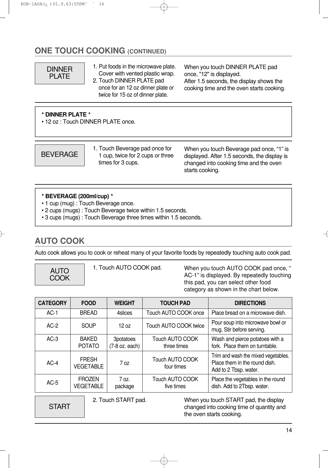 14ONE TOUCH COOKING (CONTINUED)AUTO COOKDINNERPLATEWhen you touch DINNER PLATE padonce, &quot;12&quot; is displayed.After 1.5 seconds, the display shows thecooking time and the oven starts cooking.1. Touch AUTO COOK pad.Auto cook allows you to cook or reheat many of your favorite foods by repeatedly touching auto cook pad.CATEGORY FOOD WEIGHT TOUCH PAD DIRECTIONSAC-1 BREAD 4slices Touch AUTO COOK onceAC-2 SOUP 12 oz Touch AUTO COOK twiceAC-3 BAKED  3potatoes Touch AUTO COOKPOTATO (7-8 oz. each) three timesAC-4 FRESH  7 oz Touch AUTO COOKVEGETABLE four timesAC-5 FROZEN 7 oz. Touch AUTO COOKVEGETABLE package five timesAUTOCOOKWhen you touch AUTO COOK pad once, “AC-1” is displayed. By repeatedly touchingthis pad, you can select other foodcategory as shown in the chart below.* DINNER PLATE *• 12 oz : Touch DINNER PLATE once.* BEVERAGE (200ml/cup) *• 1 cup (mug) : Touch Beverage once.• 2 cups (mugs) : Touch Beverage twice within 1.5 seconds.• 3 cups (mugs) : Touch Beverage three times within 1.5 seconds.2. Touch START pad.START When you touch START pad, the displaychanged into cooking time of quantity andthe oven starts cooking.1. Put foods in the microwave plate.Cover with vented plastic wrap. 2. Touch DINNER PLATE padonce for an 12 oz dinner plate ortwice for 15 oz of dinner plate.BEVERAGE When you touch Beverage pad once, “1” isdisplayed. After 1.5 seconds, the display ischanged into cooking time and the ovenstarts cooking.1. Touch Beverage pad once for1 cup, twice for 2 cups or threetimes for 3 cups.Place bread on a microwave dish.Pour soup into microwave bowl or mug. Stir before serving.Wash and pierce potatoes with afork.  Place them on turntable.Trim and wash the mixed vegetables.Place them in the round dish.Add to 2 Tbsp. water.Place the vegetables in the rounddish. Add to 2Tbsp. water. KOR-1A0A(¿ )  01.9.6 3:55 PM  ˘`14