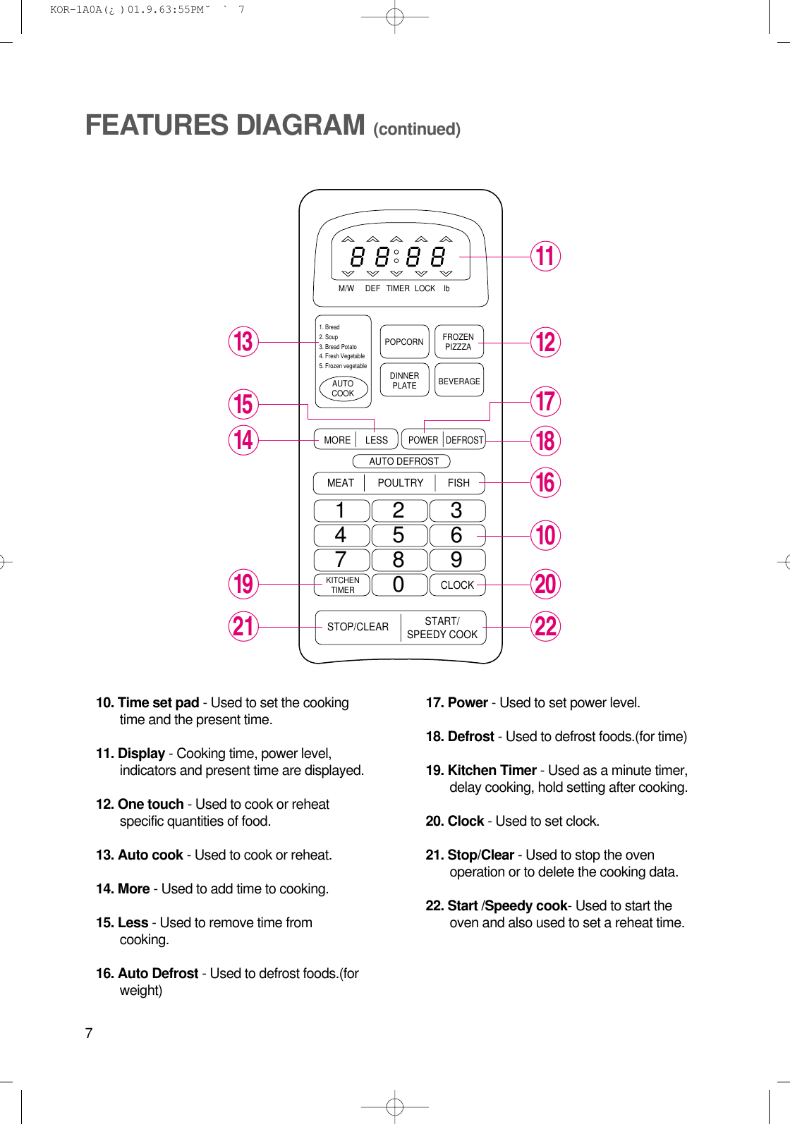 710. Time set pad - Used to set the cookingtime and the present time.11. Display - Cooking time, power level,indicators and present time are displayed.12. One touch - Used to cook or reheatspecific quantities of food. 13. Auto cook - Used to cook or reheat.14. More - Used to add time to cooking.15. Less - Used to remove time fromcooking.16. Auto Defrost - Used to defrost foods.(forweight)17. Power - Used to set power level.18. Defrost - Used to defrost foods.(for time)19. Kitchen Timer - Used as a minute timer,delay cooking, hold setting after cooking.20. Clock - Used to set clock.21. Stop/Clear - Used to stop the ovenoperation or to delete the cooking data.22. Start /Speedy cook- Used to start theoven and also used to set a reheat time.FEATURES DIAGRAM (continued)1 2 34 5 67 8 90M/W DEFPOPCORNBEVERAGEDINNERPLATEKITCHENTIMERAUTOCOOKMOREMEAT POULTRY FISHCLOCKSTOP/CLEAR START/SPEEDY COOKLESSAUTO DEFROSTPOWER DEFROSTFROZENPIZZZATIMER LOCK lb1. Bread2. Soup3. Bread Potato4. Fresh Vegetable5. Frozen vegetableqwuiy0psaoret KOR-1A0A(¿ )  01.9.6 3:55 PM  ˘`7