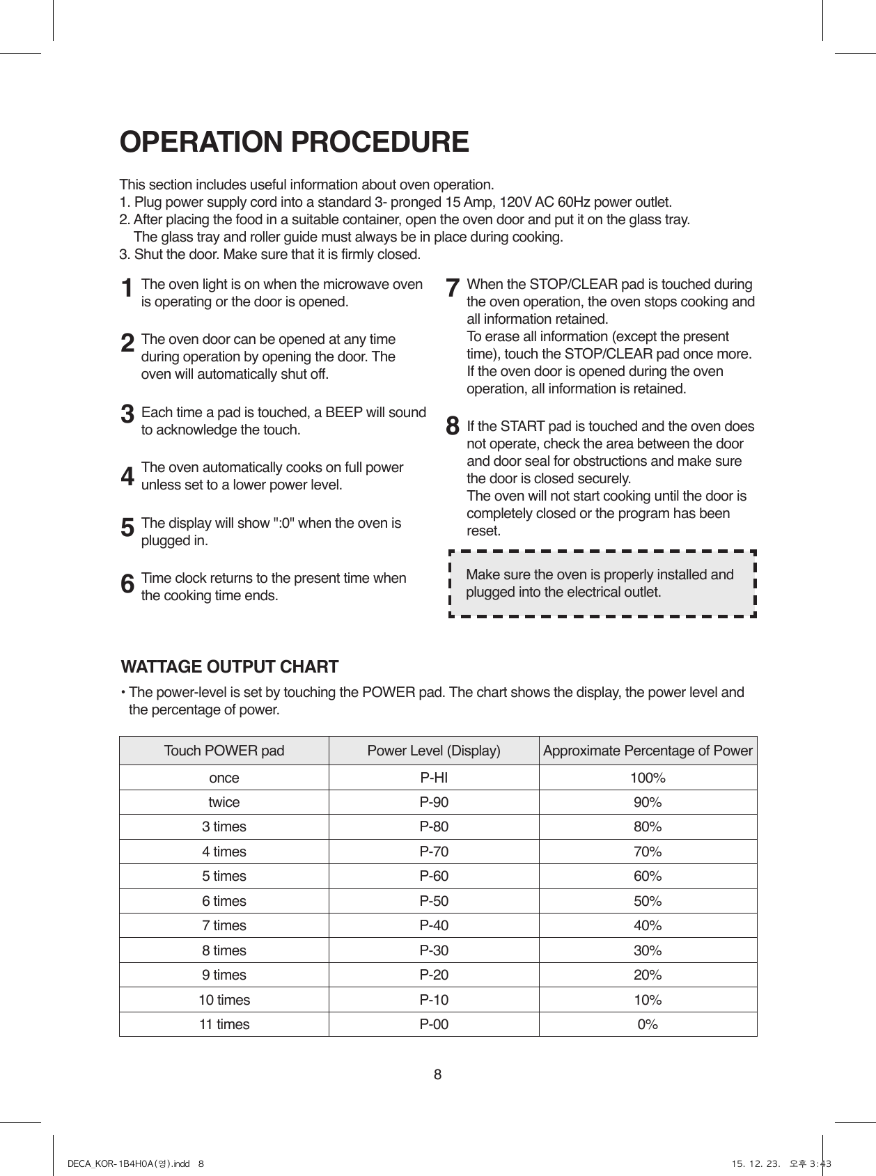 8The oven light is on when the microwave oven is operating or the door is opened.The oven door can be opened at any time during operation by opening the door. The oven will automatically shut off. Each time a pad is touched, a BEEP will sound to acknowledge the touch.The oven automatically cooks on full power unless set to a lower power level.The display will show &quot;:0&quot; when the oven is plugged in.Time clock returns to the present time when the cooking time ends.When the STOP/CLEAR pad is touched during the oven operation, the oven stops cooking and all information retained. To erase all information (except the present time), touch the STOP/CLEAR pad once more. If the oven door is opened during the oven operation, all information is retained.If the START pad is touched and the oven does not operate, check the area between the door and door seal for obstructions and make sure the door is closed securely.The oven will not start cooking until the door is completely closed or the program has been reset.OPERATION PROCEDUREThis section includes useful information about oven operation.1. Plug power supply cord into a standard 3- pronged 15 Amp, 120V AC 60Hz power outlet.2. After placing the food in a suitable container, open the oven door and put it on the glass tray.    The glass tray and roller guide must always be in place during cooking.3. Shut the door. Make sure that it is firmly closed.12345678Make sure the oven is properly installed and plugged into the electrical outlet.WATTAGE OUTPUT CHART• The power-level is set by touching the POWER pad. The chart shows the display, the power level and the percentage of power.Touch POWER pad Power Level (Display) Approximate Percentage of Poweronce P-HI 100%twice P-90 90%3 times P-80 80%4 times P-70 70%5 times P-60 60%6 times P-50 50%7 times P-40 40%8 times P-30 30%9 times P-20 20%10 times P-10 10%11 times P-00 0%DECA_KOR-1B4H0A(영).indd   8 15. 12. 23.   오후 3:43
