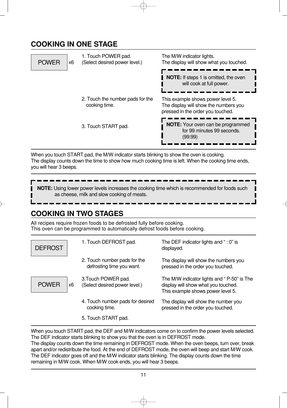 11COOKING IN TWO STAGESAll recipes require frozen foods to be defrosted fully before cooking.This oven can be programmed to automatically defrost foods before cooking.When you touch START pad, the DEF and M/W indicators come on to confirm the power levels selected.The DEF indicator starts blinking to show you that the oven is in DEFROST mode.The display counts down the time remaining in DEFROST mode. When the oven beeps, turn over, breakapart and/or redistribute the food. At the end of DEFROST mode, the oven will beep and start M/W cook.The DEF indicator goes off and the M/W indicator starts blinking. The display counts down the timeremaining in M/W cook. When M/W cook ends, you will hear 3 beeps.1. Touch DEFROST pad.2. Touch number pads for thedefrosting time you want.4. Touch number pads for desiredcooking time.5. Touch START pad.The DEF indicator lights and “ : 0” isdisplayed.The display will show the numbers youpressed in the order you touched.The M/W indicator lights and “ P-50” is Thedisplay will show what you touched.This example shows power level 5.The display will show the number youpressed in the order you touched.COOKING IN ONE STAGEWhen you touch START pad, the M/W indicator starts blinking to show the oven is cooking. The display counts down the time to show how much cooking time is left. When the cooking time ends,you will hear 3 beeps.1. Touch POWER pad.(Select desired power level.)x6x62. Touch the number pads for thecooking time.3. Touch START pad.The M/W indicator lights.The display will show what you touched.This example shows power level 5.The display will show the numbers youpressed in the order you touched.NOTE: Using lower power levels increases the cooking time which is recommended for foods suchas cheese, milk and slow cooking of meats.NOTE: If steps 1 is omitted, the ovenwill cook at full power.NOTE: Your oven can be programmedfor 99 minutes 99 seconds.(99:99)POWERDEFROSTPOWER 3.Touch POWER pad.(Select desired power level.)
