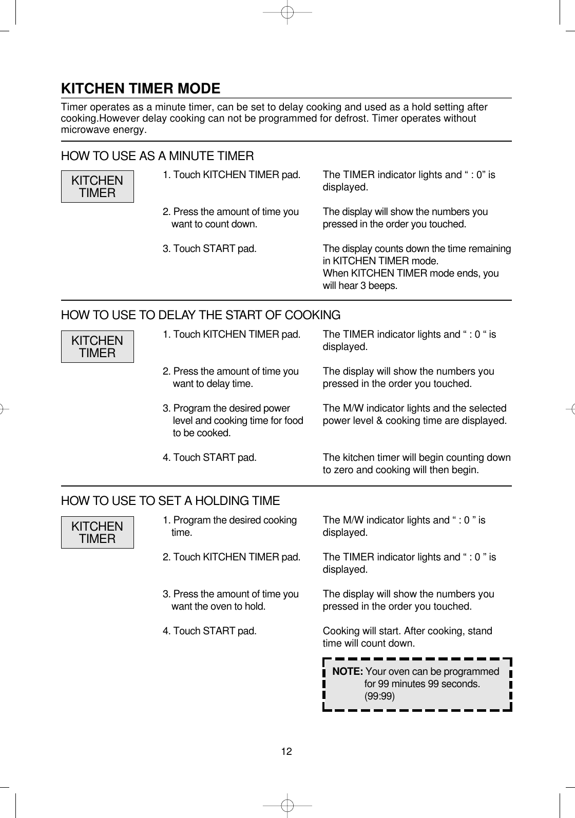 121. Program the desired cookingtime.2. Touch KITCHEN TIMER pad.3. Press the amount of time youwant the oven to hold.4. Touch START pad.1. Touch KITCHEN TIMER pad.2. Press the amount of time youwant to delay time.3. Program the desired powerlevel and cooking time for foodto be cooked.4. Touch START pad.The TIMER indicator lights and “ : 0 “ isdisplayed.The display will show the numbers youpressed in the order you touched.The M/W indicator lights and the selectedpower level &amp; cooking time are displayed.The kitchen timer will begin counting downto zero and cooking will then begin.NOTE: Your oven can be programmedfor 99 minutes 99 seconds.(99:99)KITCHENTIMERKITCHEN TIMER MODETimer operates as a minute timer, can be set to delay cooking and used as a hold setting aftercooking.However delay cooking can not be programmed for defrost. Timer operates withoutmicrowave energy.1. Touch KITCHEN TIMER pad.2. Press the amount of time youwant to count down.3. Touch START pad.The TIMER indicator lights and “ : 0” isdisplayed.The display will show the numbers youpressed in the order you touched.The display counts down the time remainingin KITCHEN TIMER mode.When KITCHEN TIMER mode ends, youwill hear 3 beeps.KITCHENTIMERHOW TO USE AS A MINUTE TIMERHOW TO USE TO DELAY THE START OF COOKINGThe M/W indicator lights and “ : 0 ” isdisplayed.The TIMER indicator lights and “ : 0 ” isdisplayed.The display will show the numbers youpressed in the order you touched.Cooking will start. After cooking, standtime will count down.KITCHENTIMERHOW TO USE TO SET A HOLDING TIME