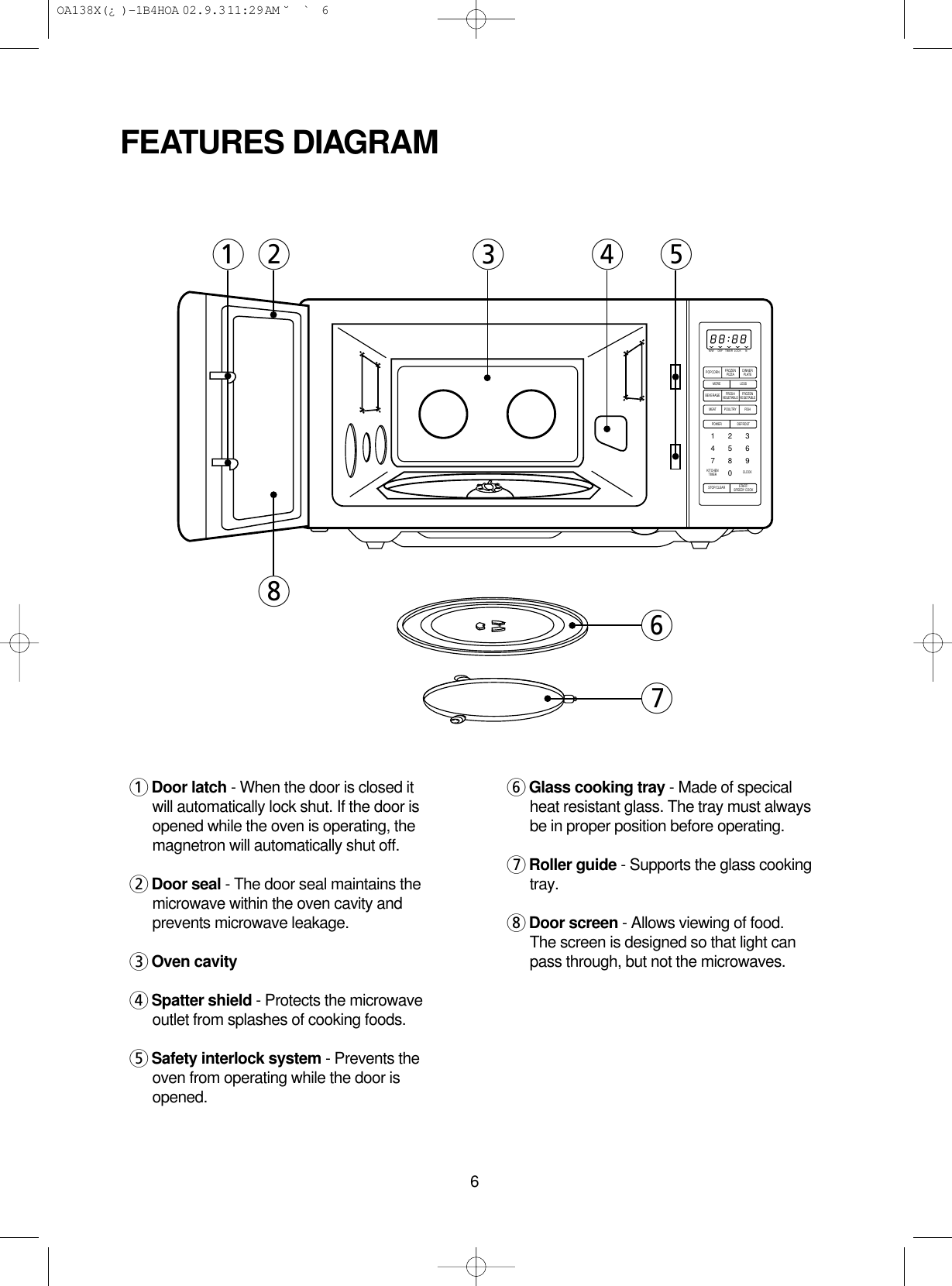 61Door latch - When the door is closed itwill automatically lock shut. If the door isopened while the oven is operating, themagnetron will automatically shut off.2Door seal - The door seal maintains themicrowave within the oven cavity andprevents microwave leakage.3Oven cavity4Spatter shield - Protects the microwaveoutlet from splashes of cooking foods.5Safety interlock system - Prevents theoven from operating while the door isopened.6Glass cooking tray - Made of specicalheat resistant glass. The tray must alwaysbe in proper position before operating.7Roller guide - Supports the glass cookingtray.8Door screen - Allows viewing of food. The screen is designed so that light canpass through, but not the microwaves.FEATURES DIAGRAMM/WPOPCORN FROZENPIZZA DINNERPLATEDEF TIMER LOCK lbMORE LESSPOWER1234567890DEFROSTSTOP/CLEAR START/SPEEDY COOKBEVERAGE FRESHVEGETABLE FROZENVEGETABLEMEATKITCHENTIMER CLOCKPOULTRY FISH65743281 OA138X(¿ )-1B4HOA  02.9.3 11:29 AM  ˘`6